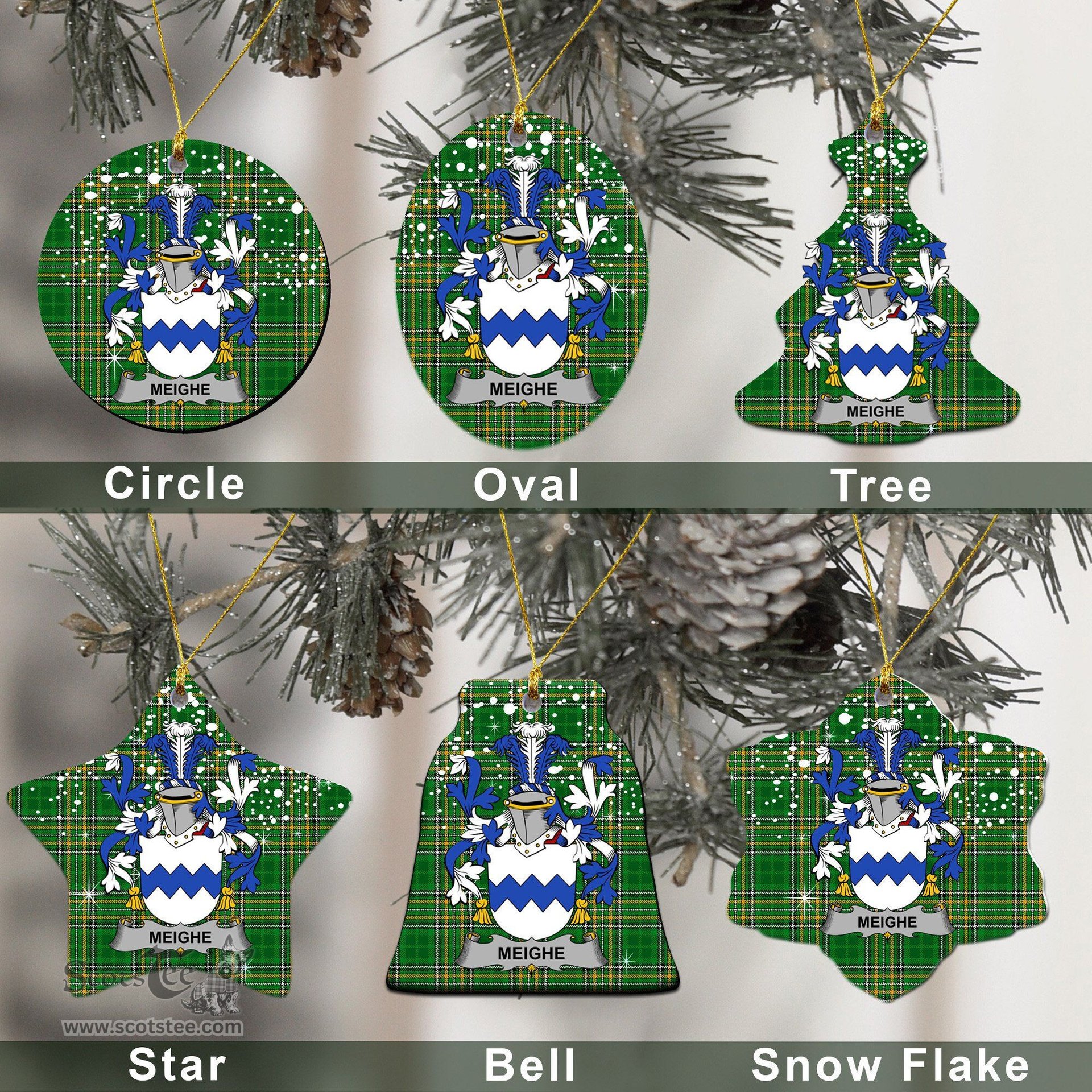 Irish Meighe Family Crest Ireland National Tartan Christmas Ornament Shop Now at ScotsTee.com