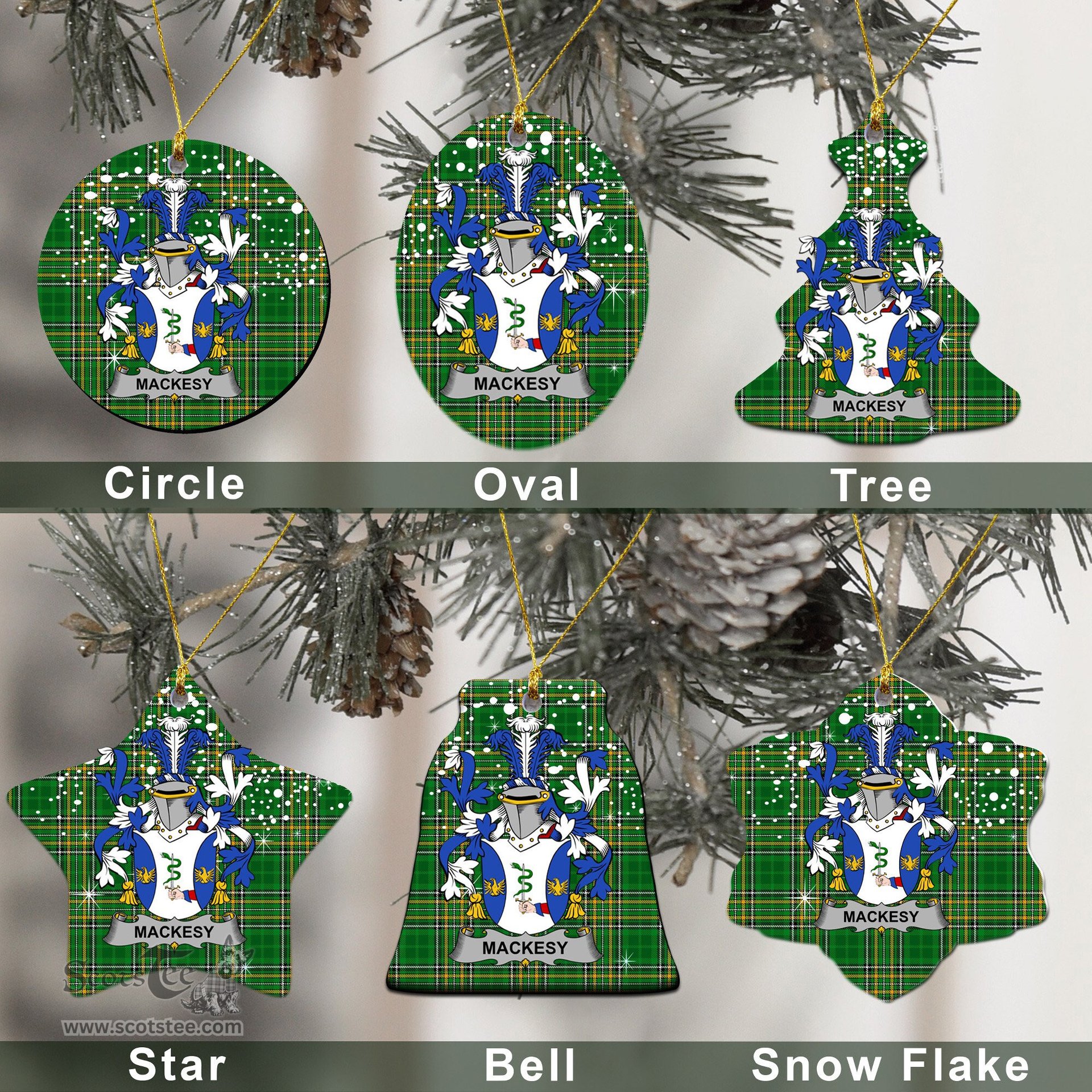 Irish Mackesy Family Crest Ireland National Tartan Christmas Ornament Shop Now at ScotsTee.com