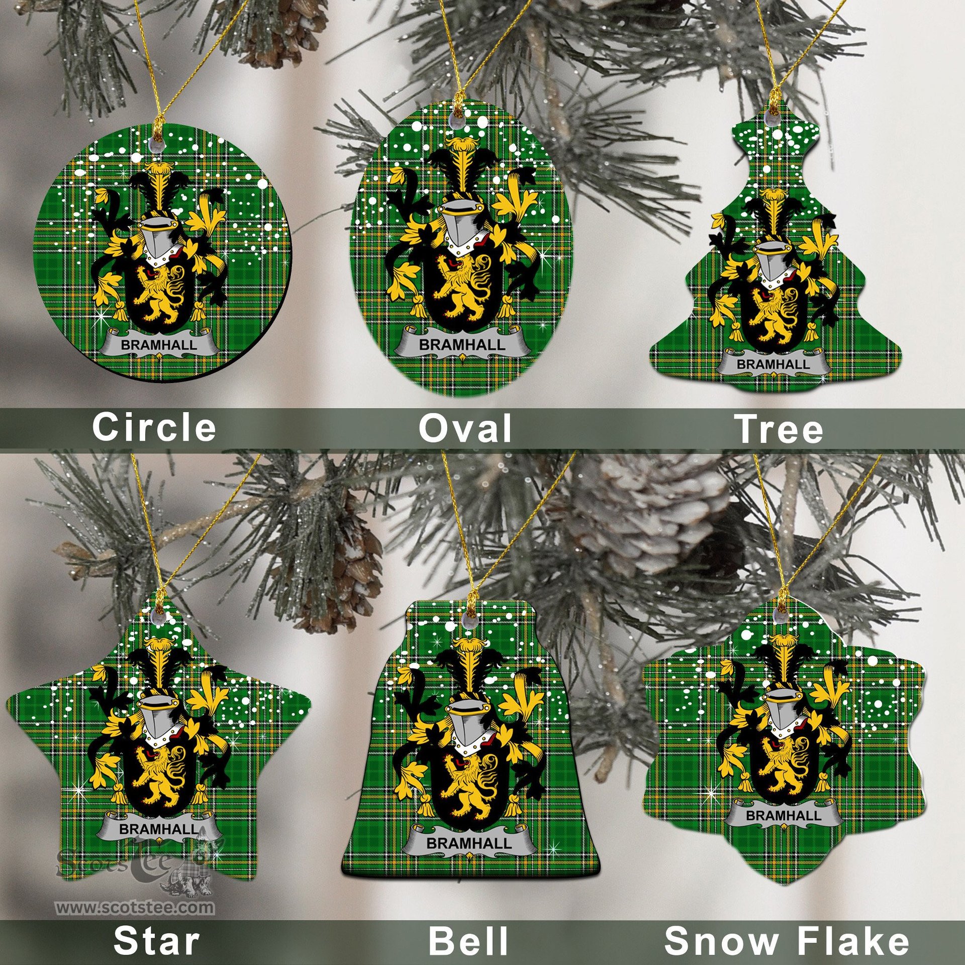 Irish Bramhall Family Crest Ireland National Tartan Christmas Ornament Shop Now at ScotsTee.com