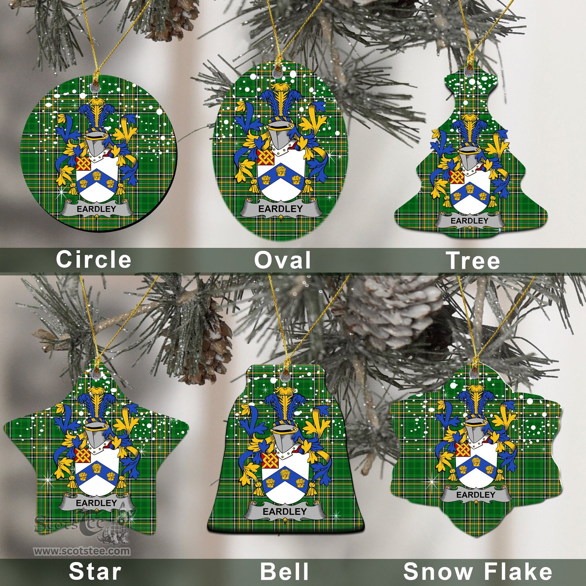 Irish Eardley Family Crest Ireland National Tartan Christmas Ornament Shop Now at ScotsTee.com
