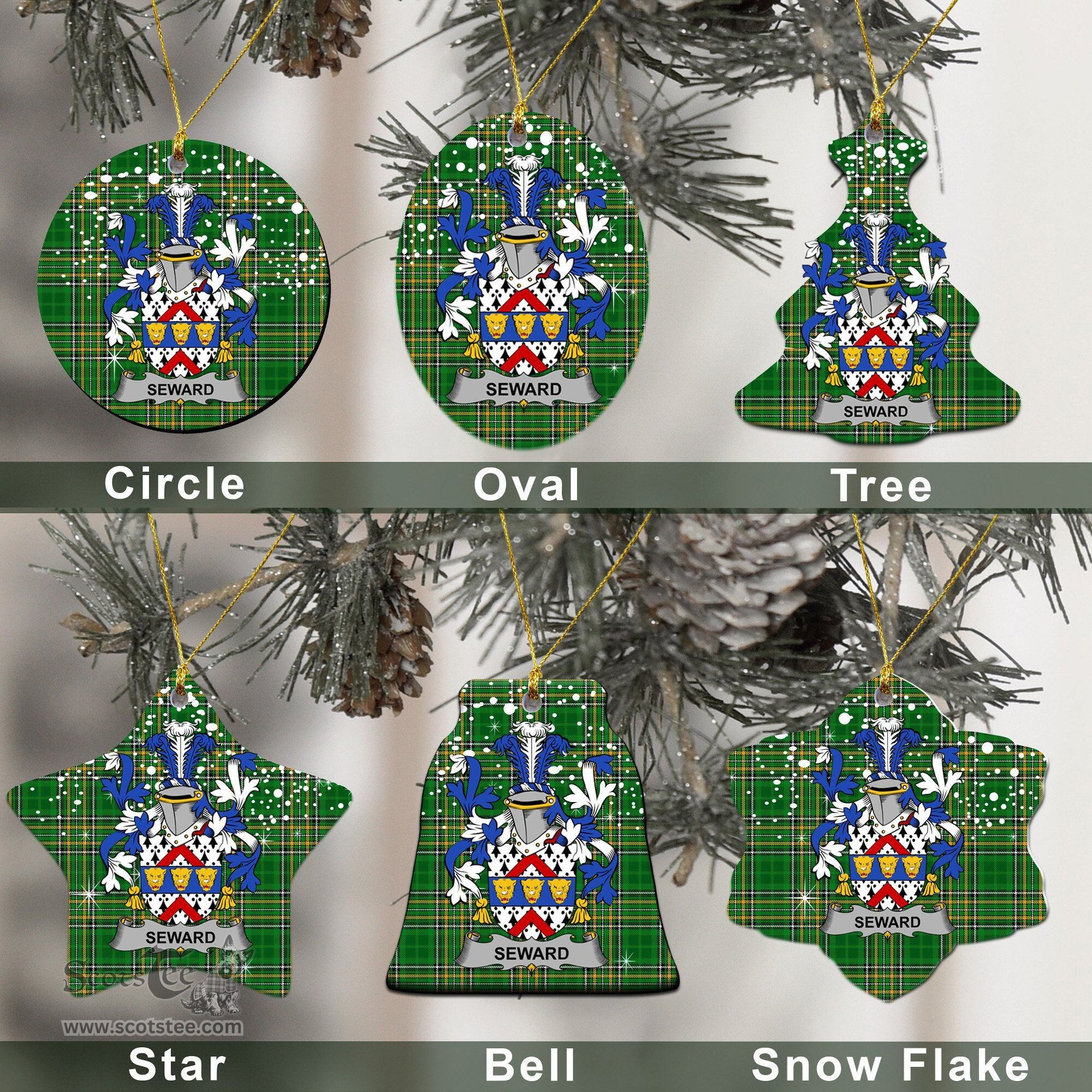 Irish Seward Family Crest Ireland National Tartan Christmas Ornament Shop Now at ScotsTee.com