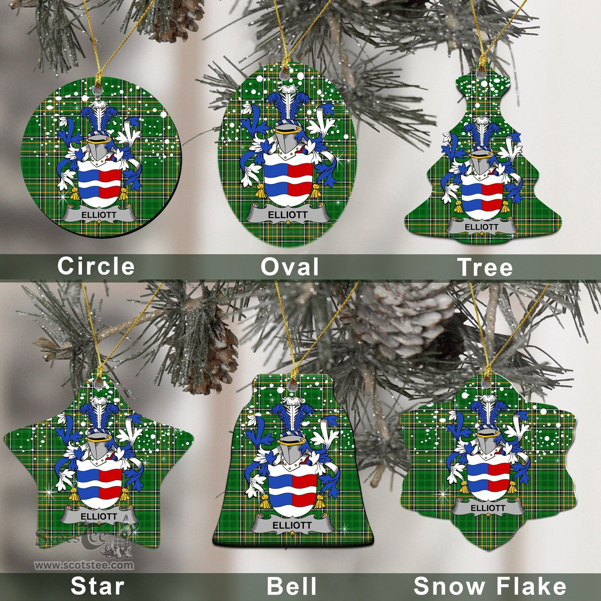 Irish Elliott Family Crest Ireland National Tartan Christmas Ornament Shop Now at ScotsTee.com