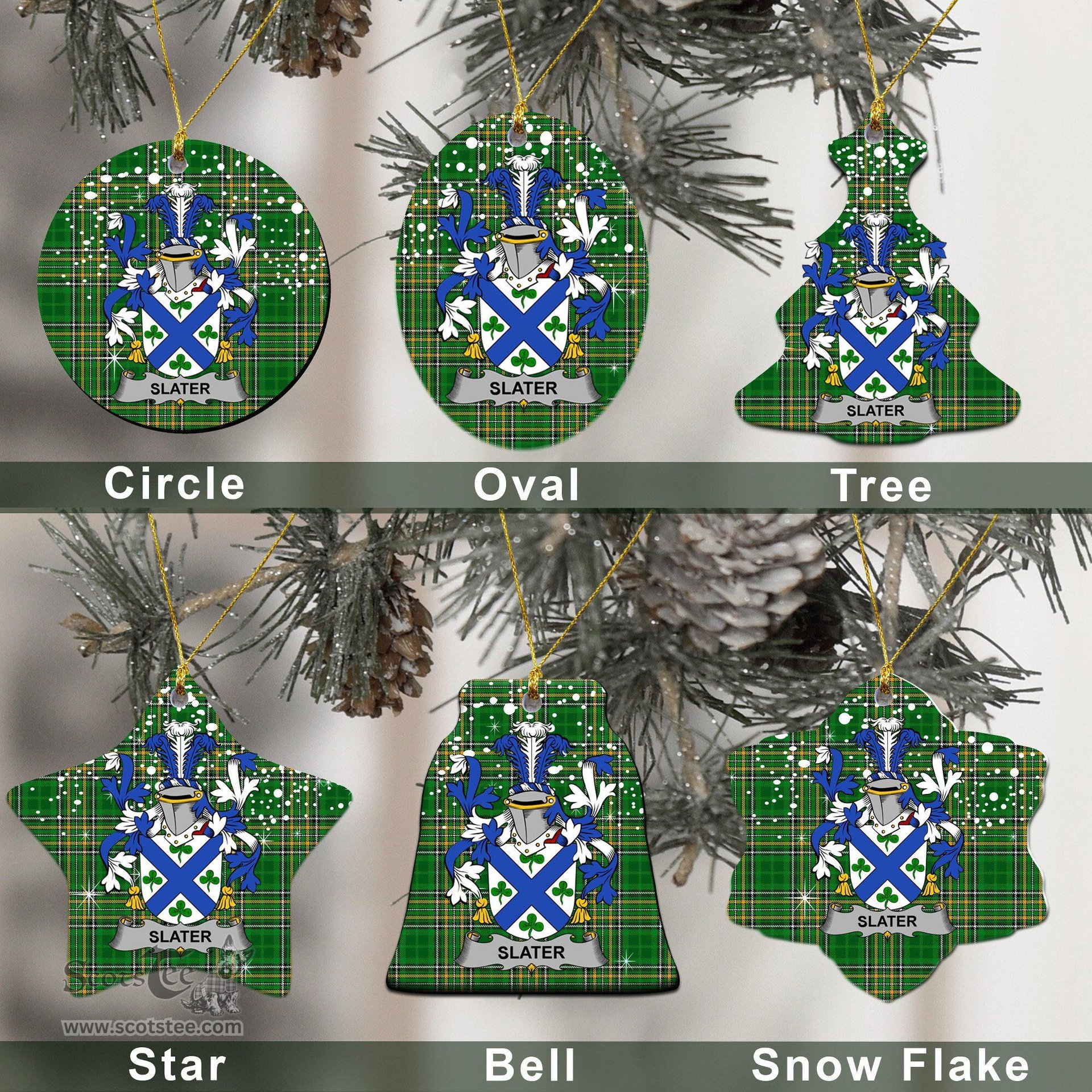 Irish Slater or Slator Family Crest Ireland National Tartan Christmas Ornament Shop Now at ScotsTee.com