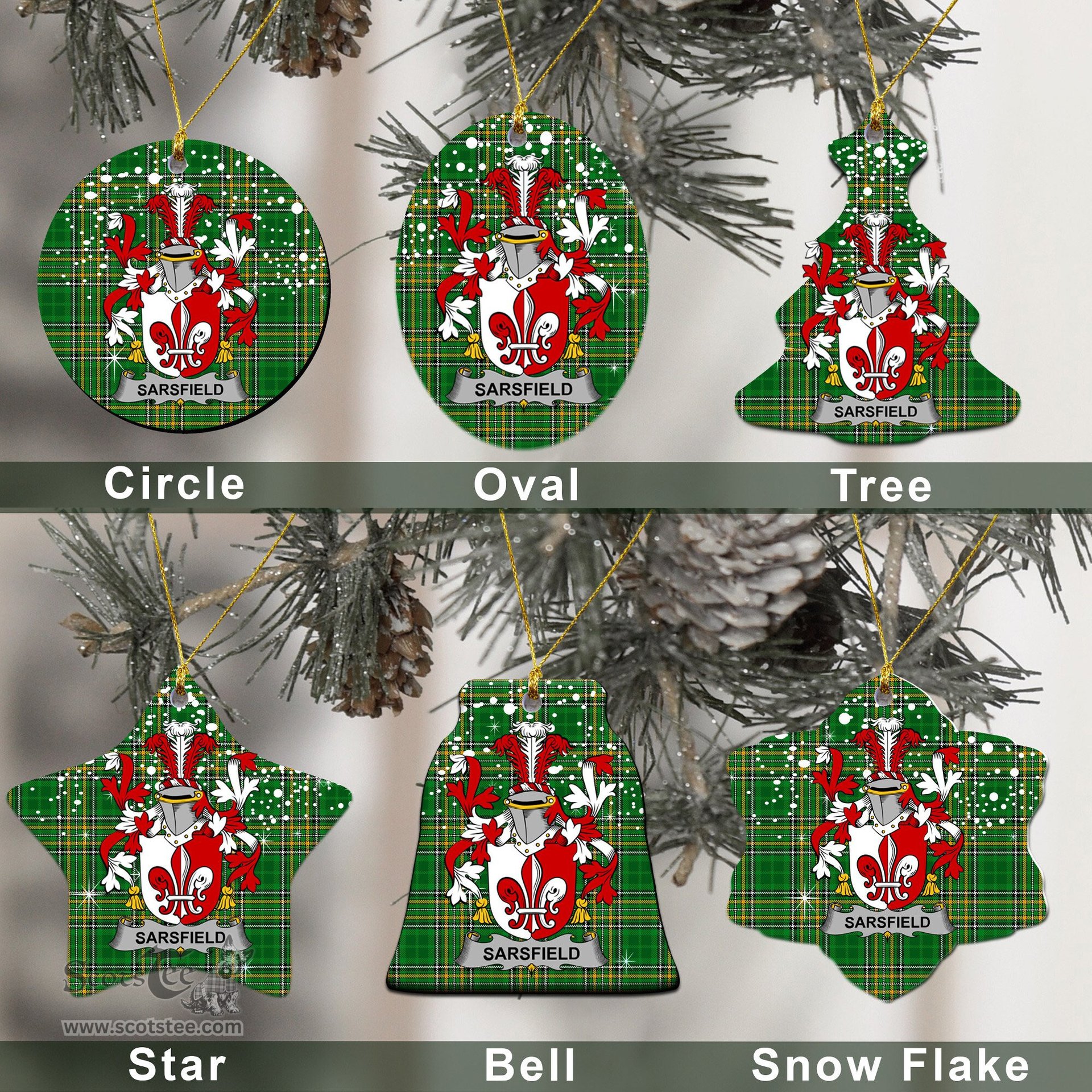 Irish Sarsfield Family Crest Ireland National Tartan Christmas Ornament Shop Now at ScotsTee.com