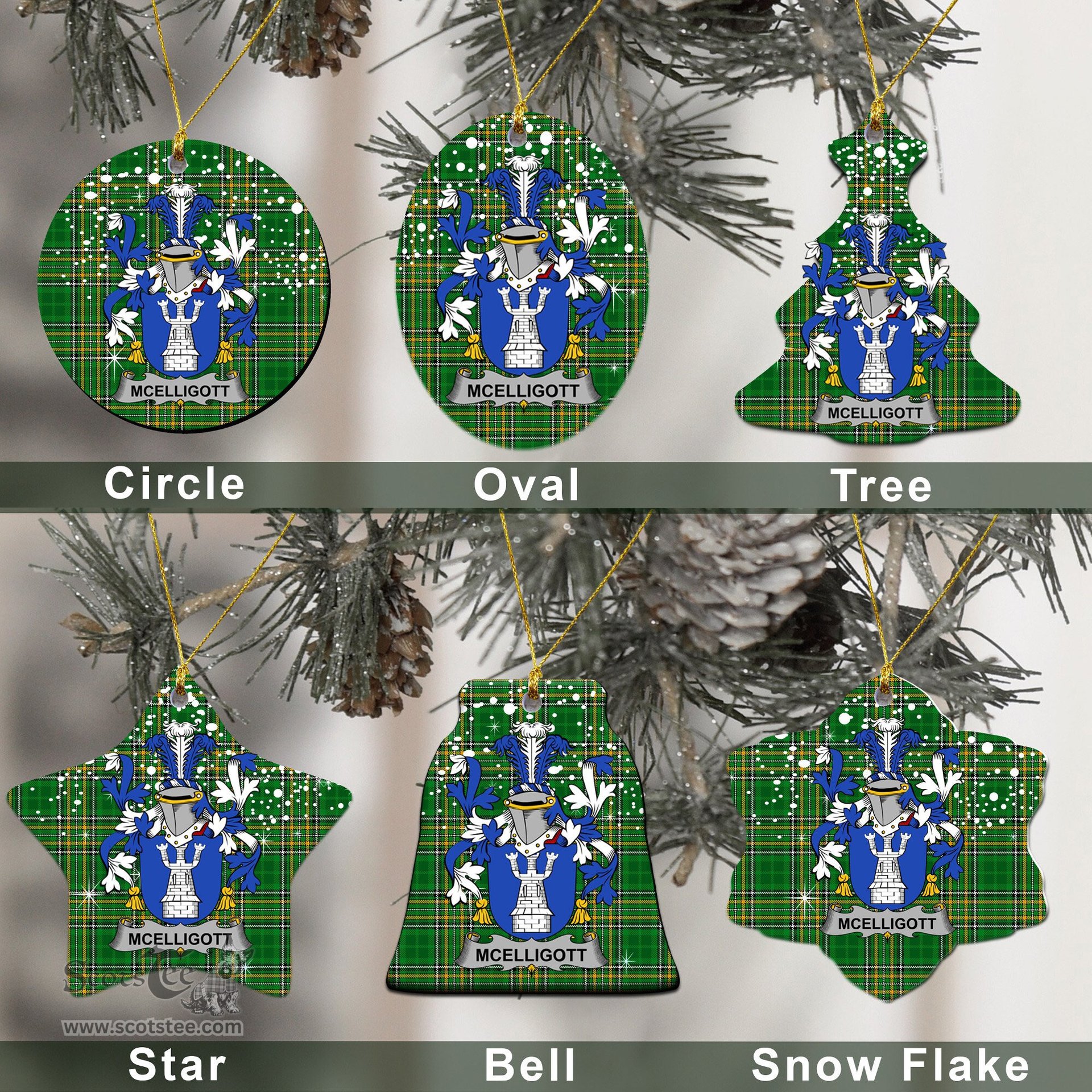 Irish McElligott Family Crest Ireland National Tartan Christmas Ornament Shop Now at ScotsTee.com