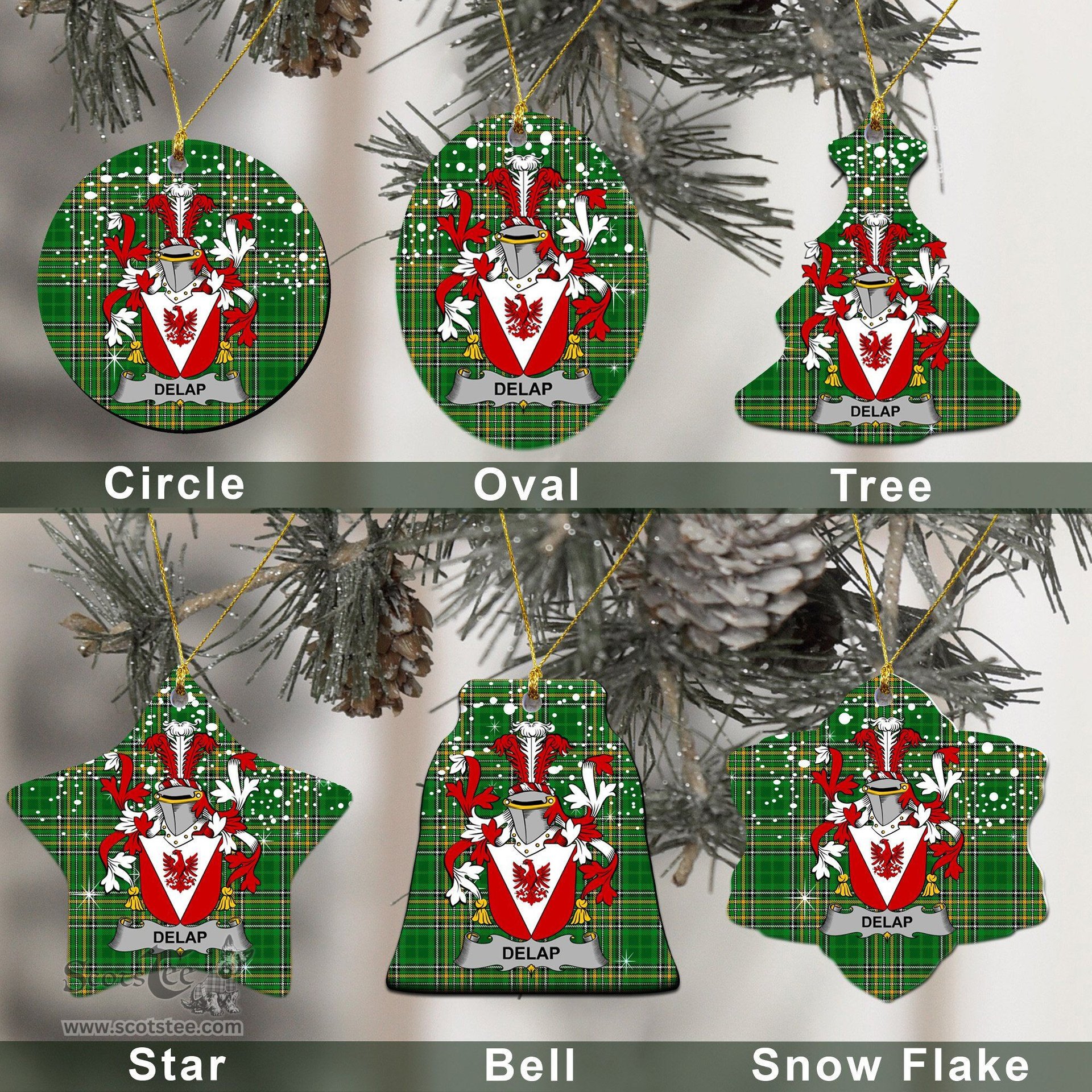 Irish Delap Family Crest Ireland National Tartan Christmas Ornament Shop Now at ScotsTee.com