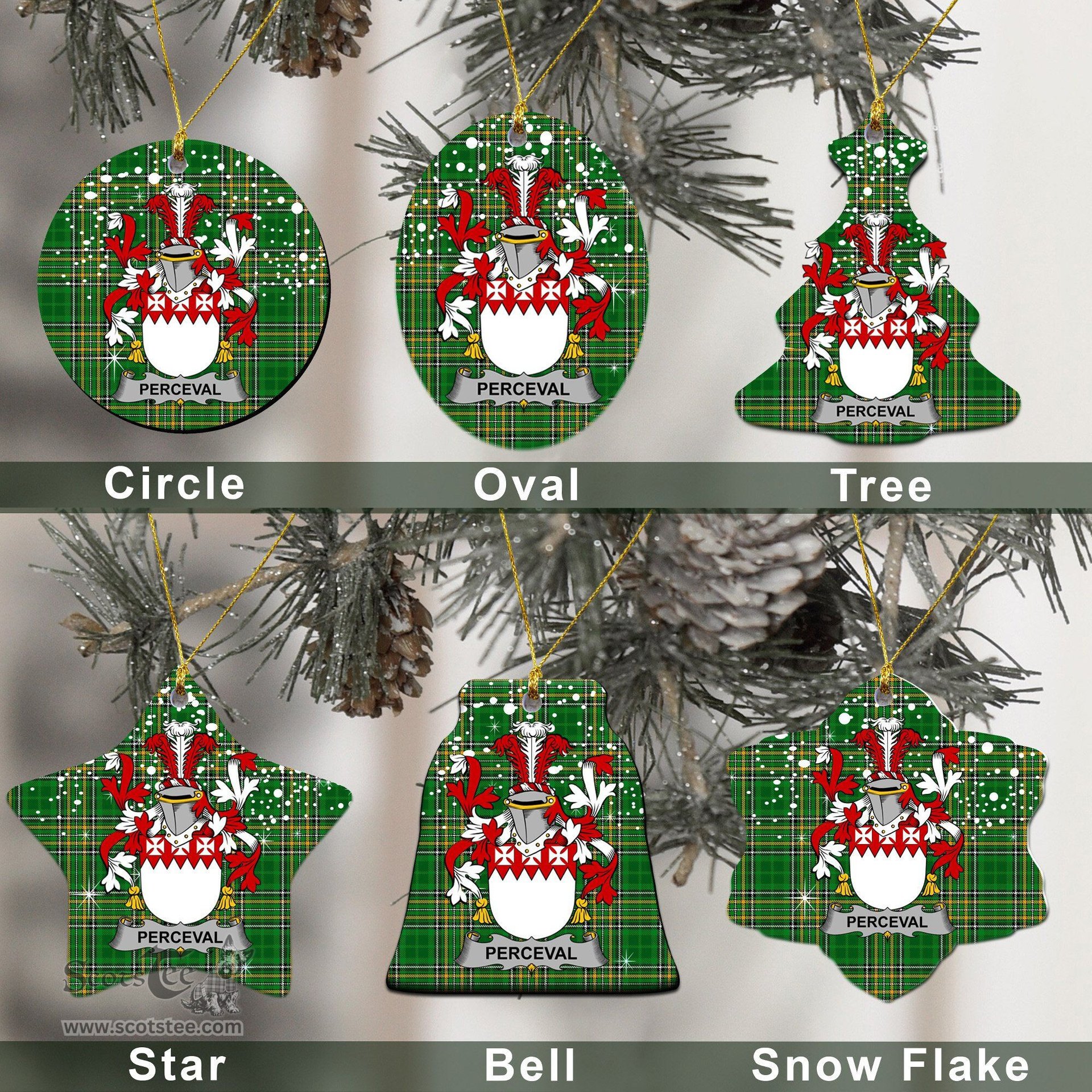 Irish Perceval Family Crest Ireland National Tartan Christmas Ornament Shop Now at ScotsTee.com