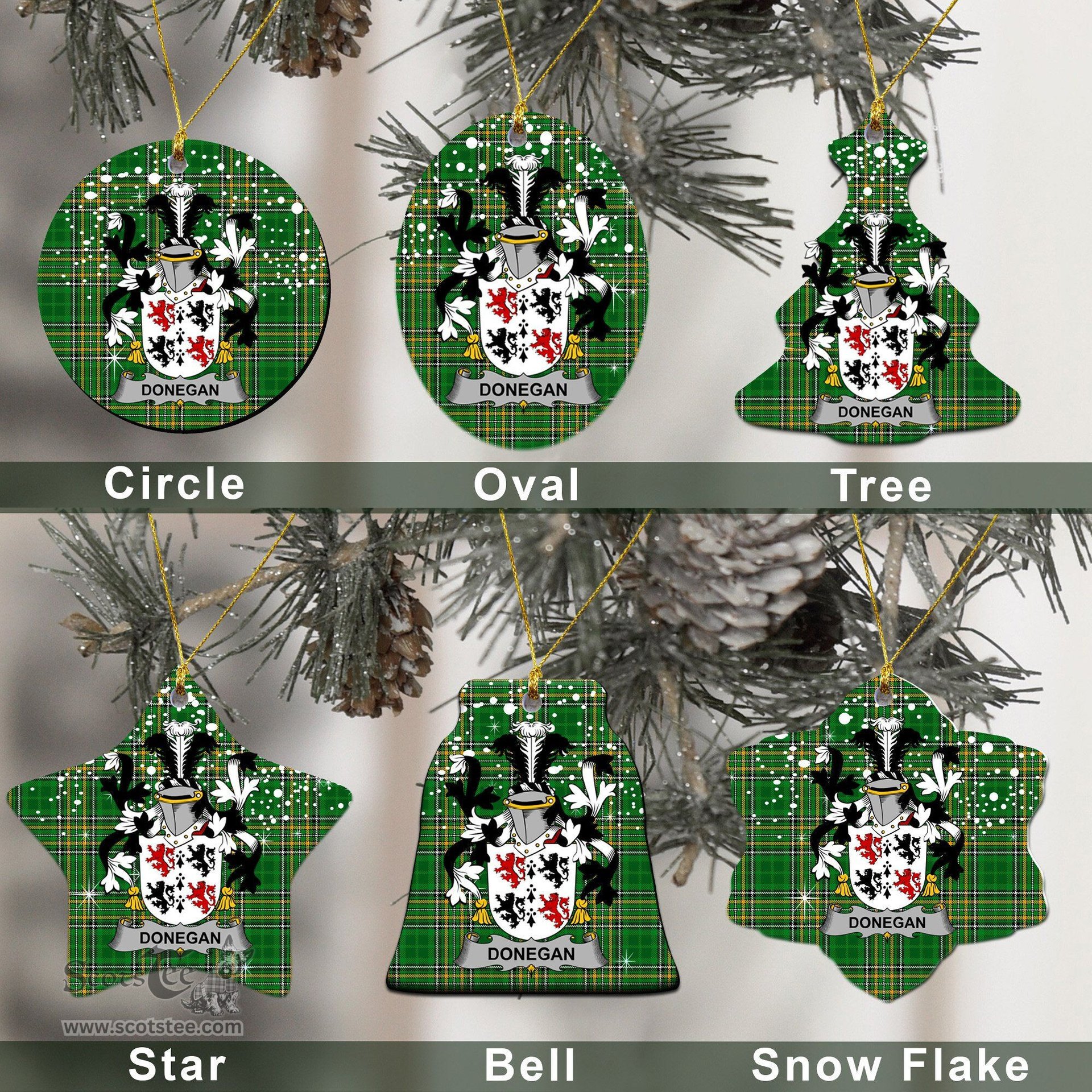 Irish Donegan or O'Donagan Family Crest Ireland National Tartan Christmas Ornament Shop Now at ScotsTee.com