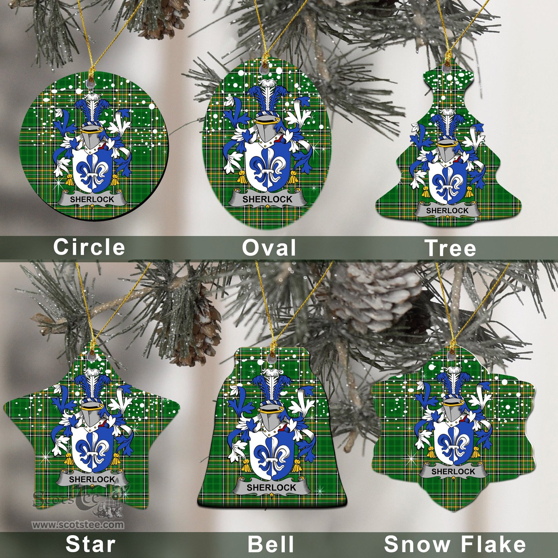 Irish Sherlock Family Crest Ireland National Tartan Christmas Ornament Shop Now at ScotsTee.com