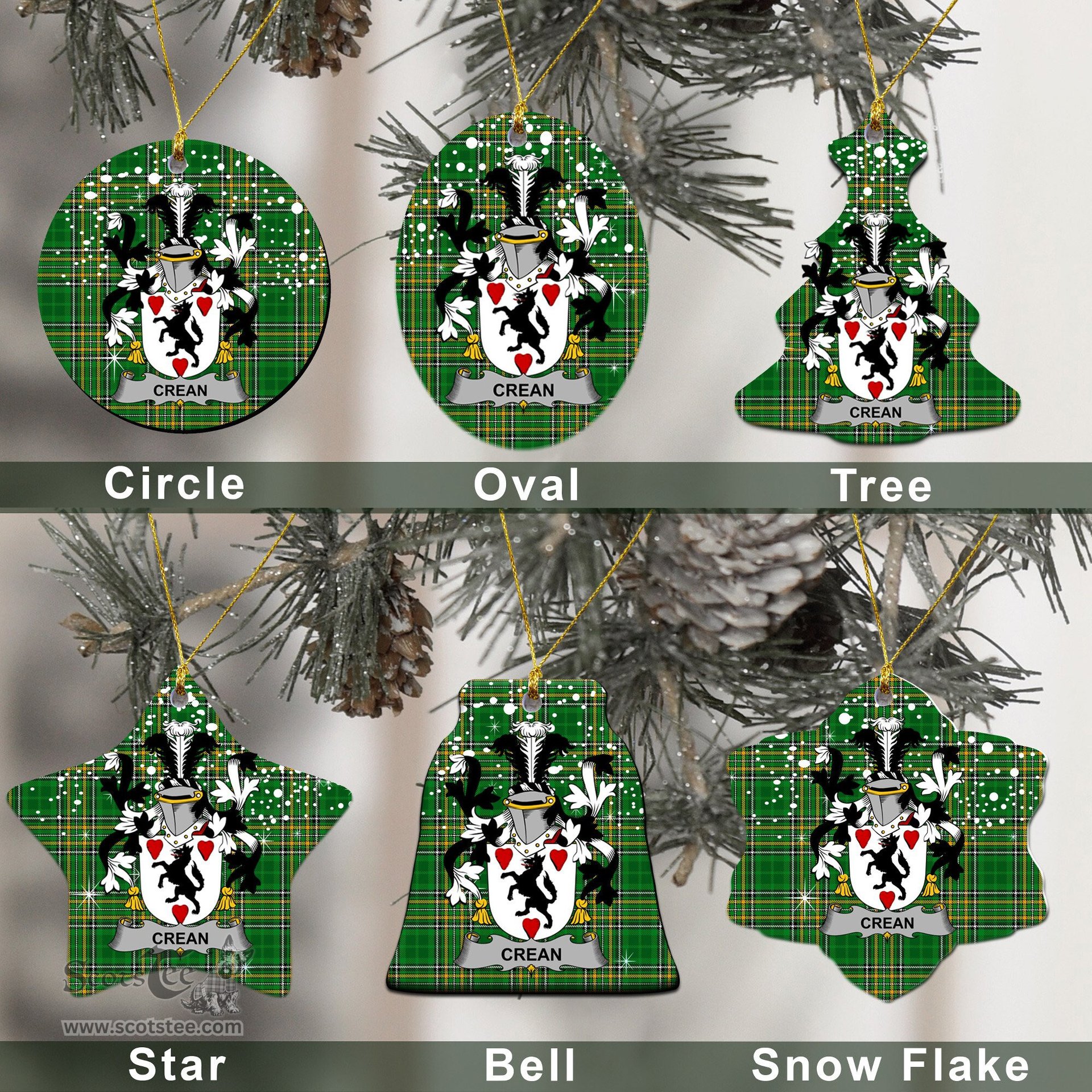 Irish Crean or O'Crean Family Crest Ireland National Tartan Christmas Ornament Shop Now at ScotsTee.com