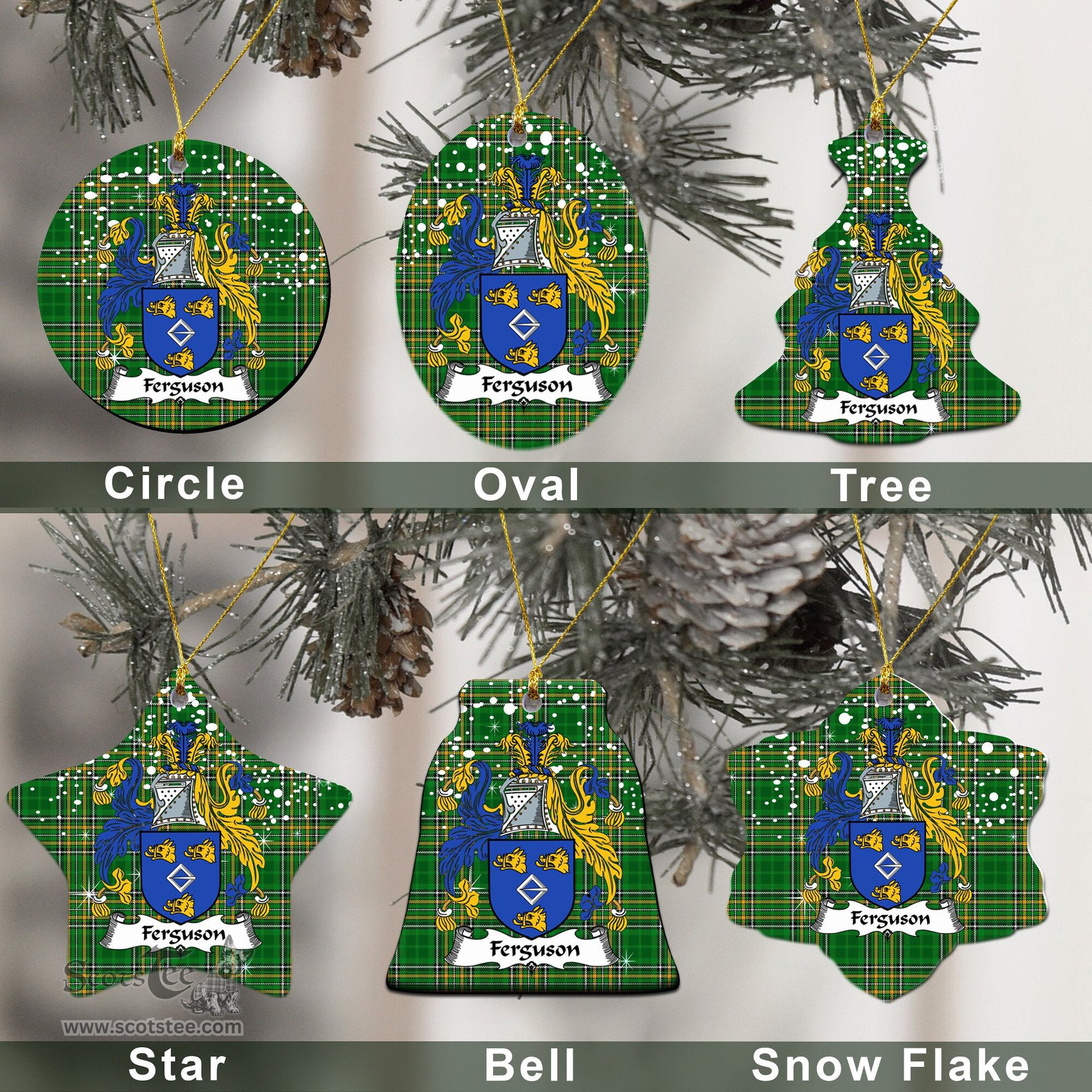 Irish Fergus or O'Fearghus Family Crest Ireland National Tartan Christmas Ornament Shop Now at ScotsTee.com