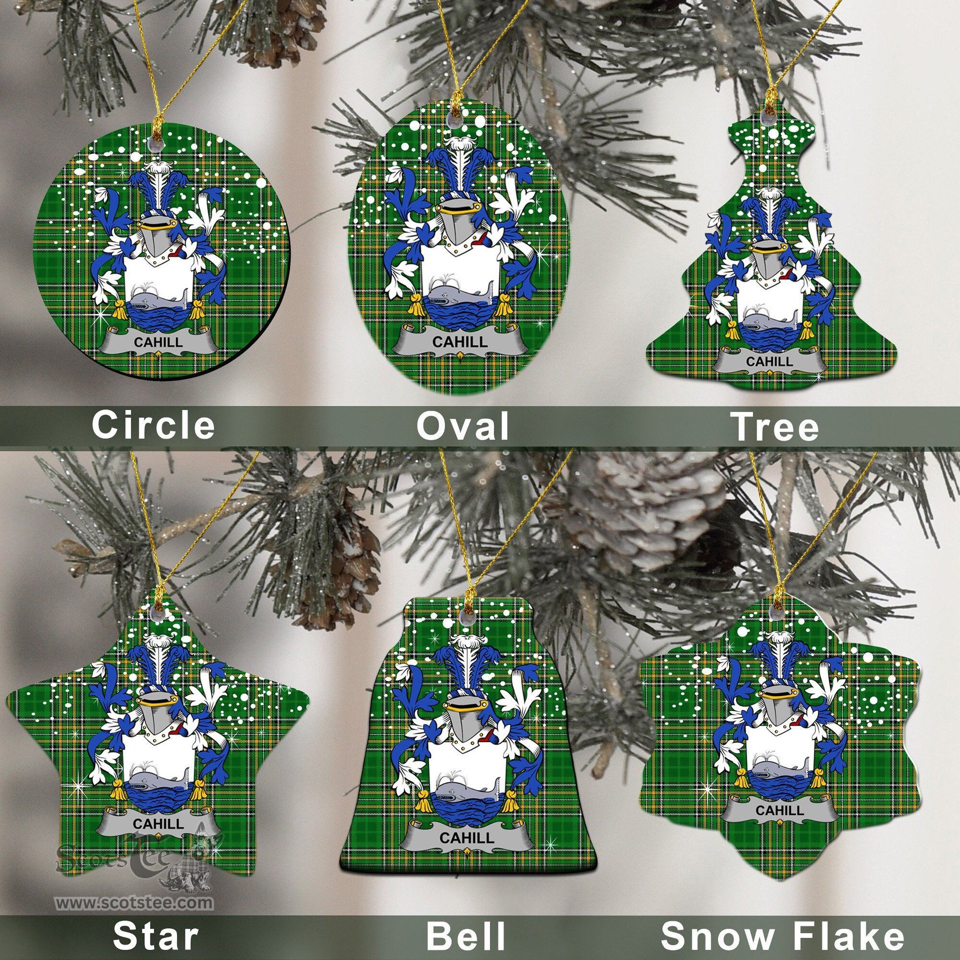 Irish Cahill or O'Cahill Family Crest Ireland National Tartan Christmas Ornament Shop Now at ScotsTee.com