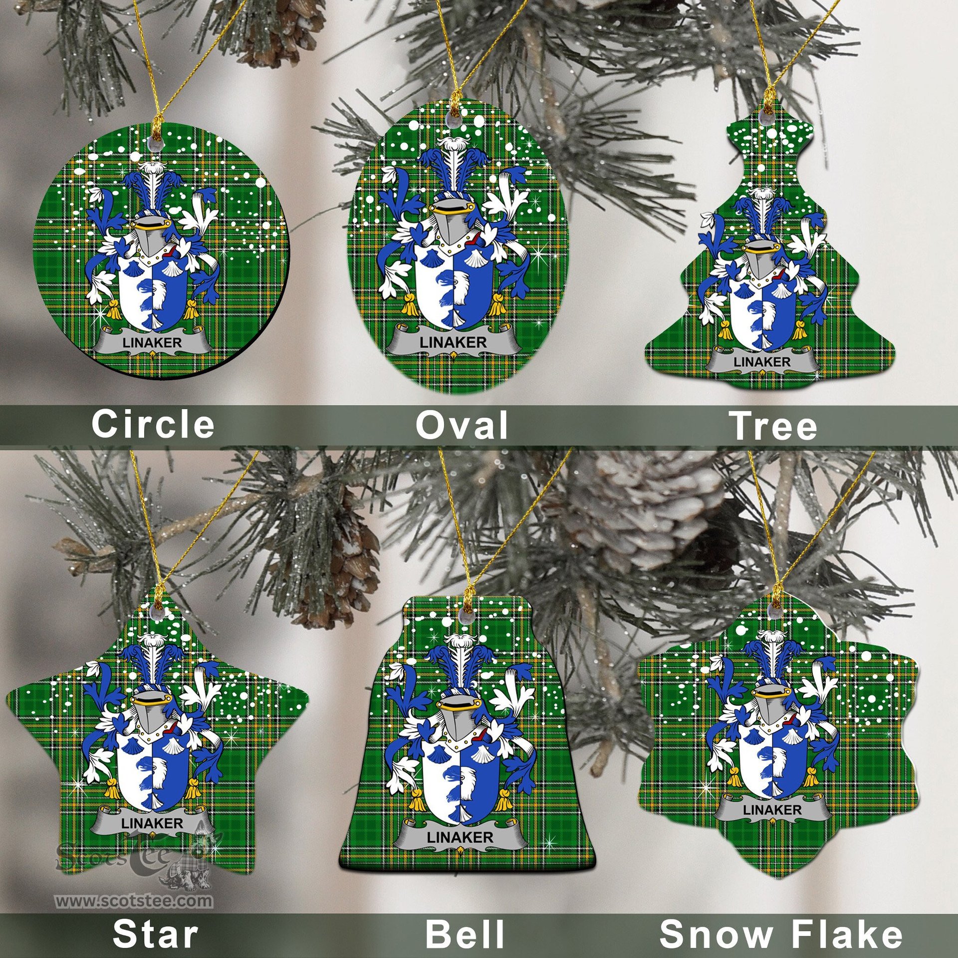 Irish Linaker Family Crest Ireland National Tartan Christmas Ornament Shop Now at ScotsTee.com
