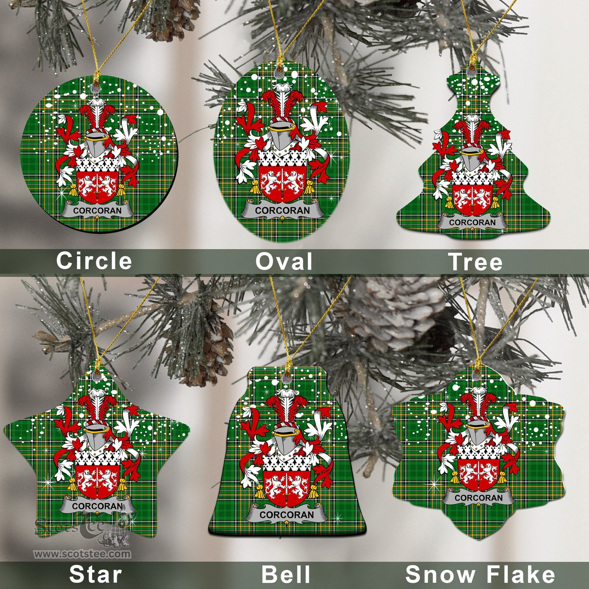 Irish Corcoran or McCorcoran Family Crest Ireland National Tartan Christmas Ornament Shop Now at ScotsTee.com