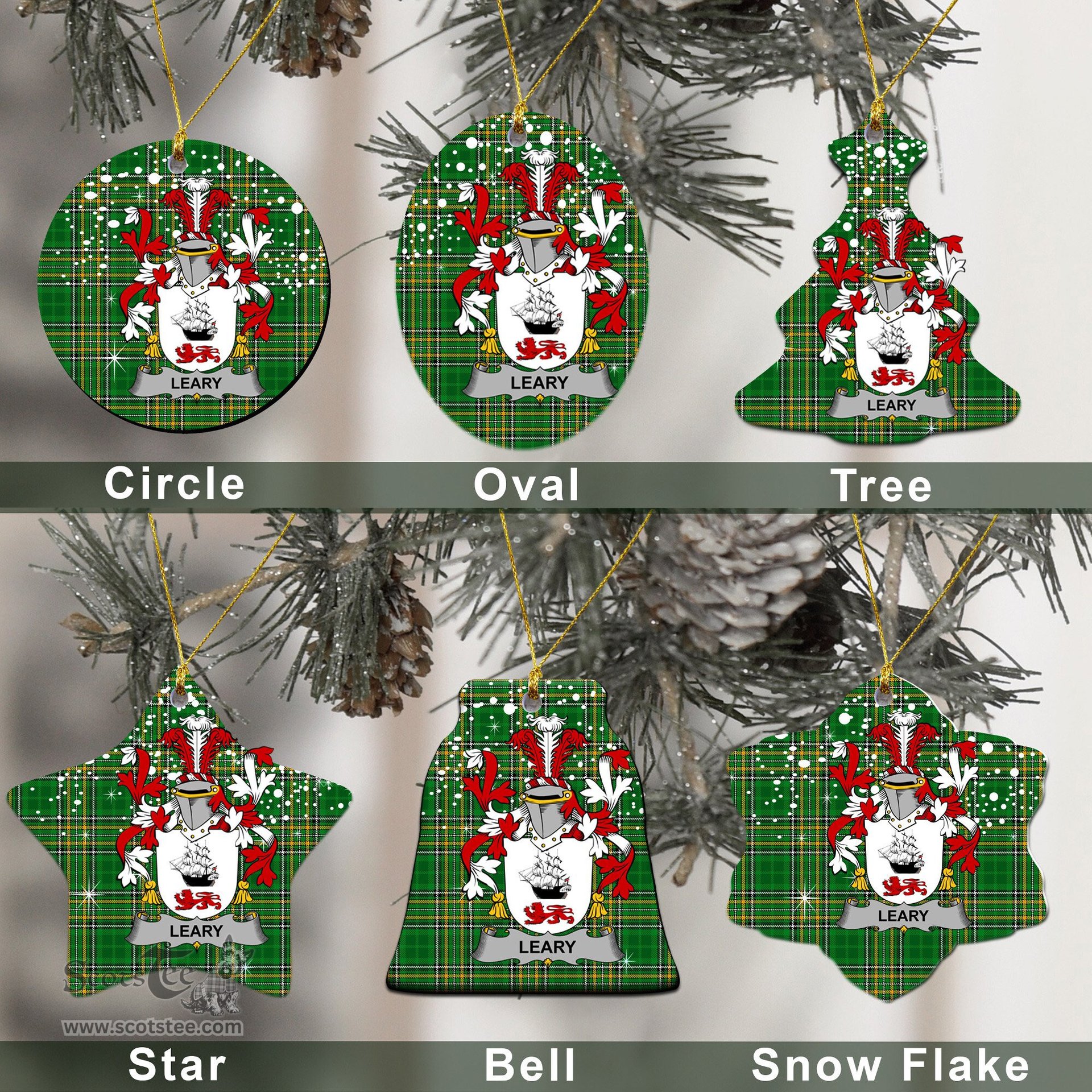 Irish Leary or O'Leary Family Crest Ireland National Tartan Christmas Ornament Shop Now at ScotsTee.com