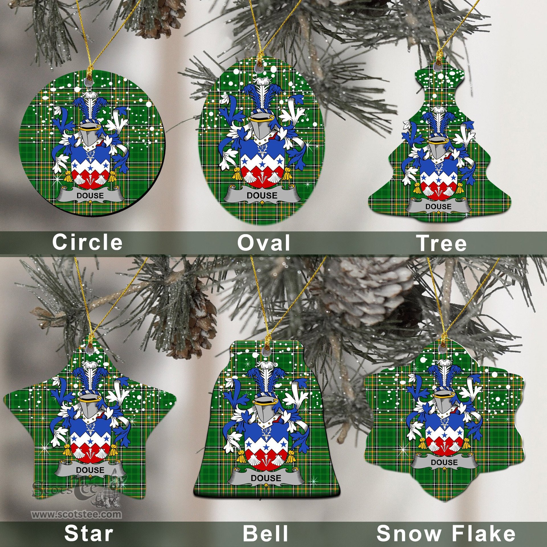 Irish Douse or Dowse Family Crest Ireland National Tartan Christmas Ornament Shop Now at ScotsTee.com
