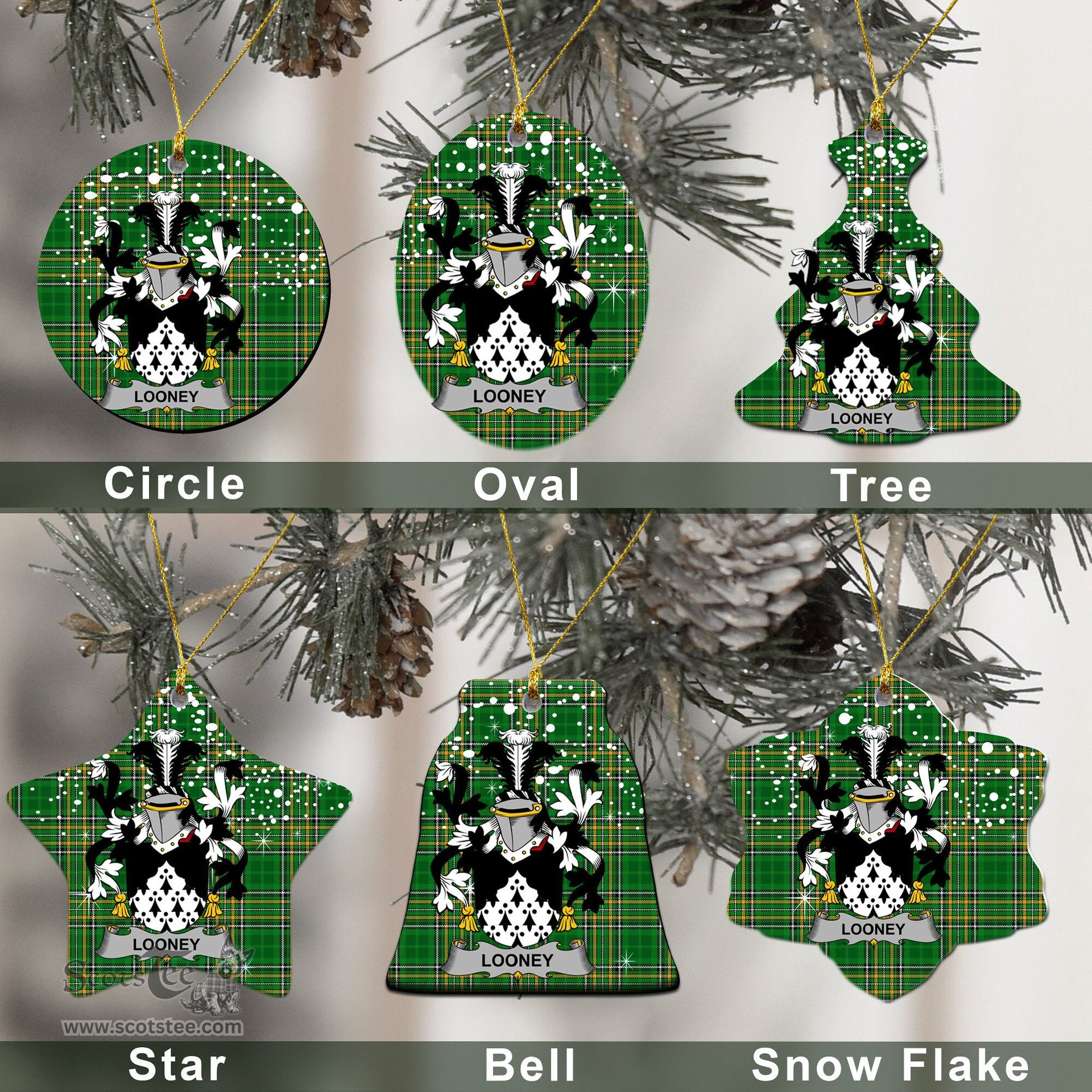 Irish Looney or O'Lunney Family Crest Ireland National Tartan Christmas Ornament Shop Now at ScotsTee.com