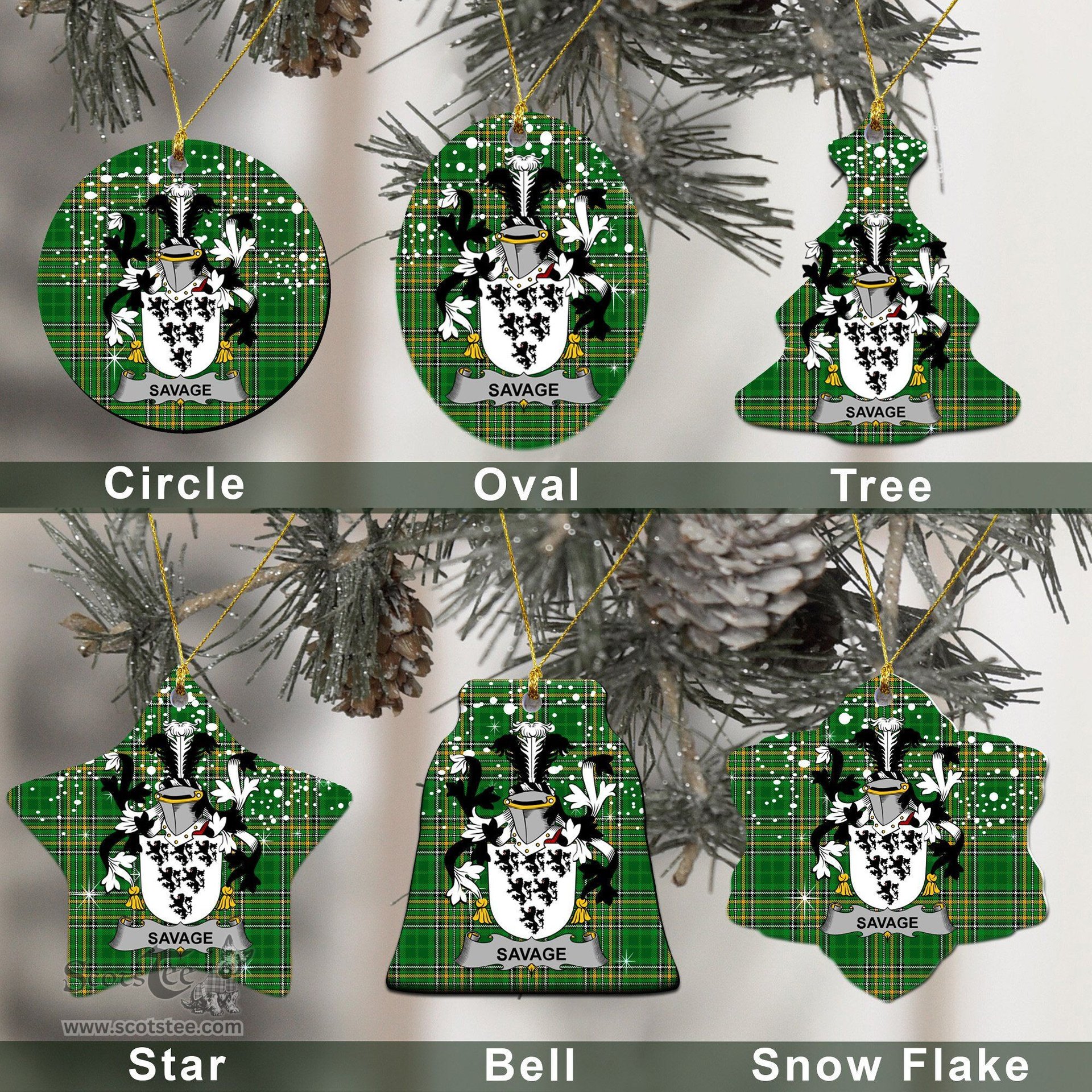 Irish Savage Family Crest Ireland National Tartan Christmas Ornament Shop Now at ScotsTee.com