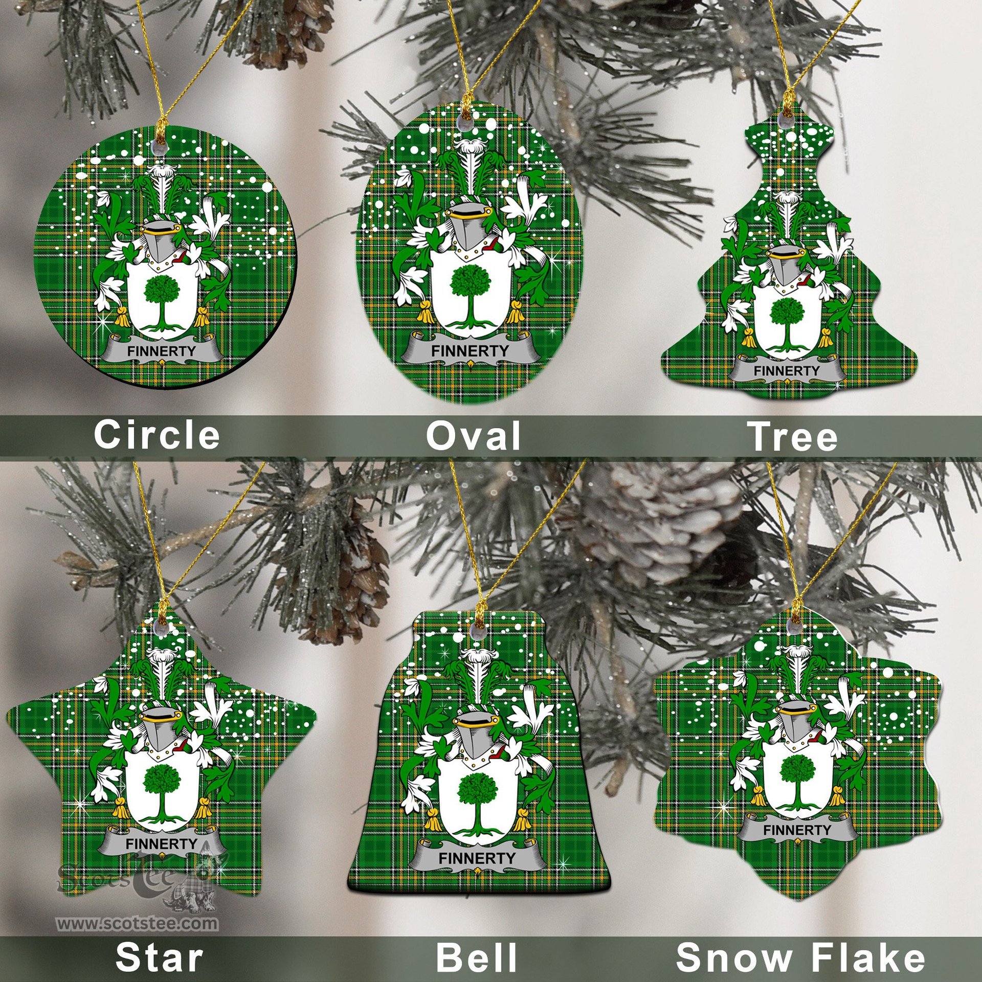 Irish Finnegan or O'Finnegan Family Crest Ireland National Tartan Christmas Ornament Shop Now at ScotsTee.com