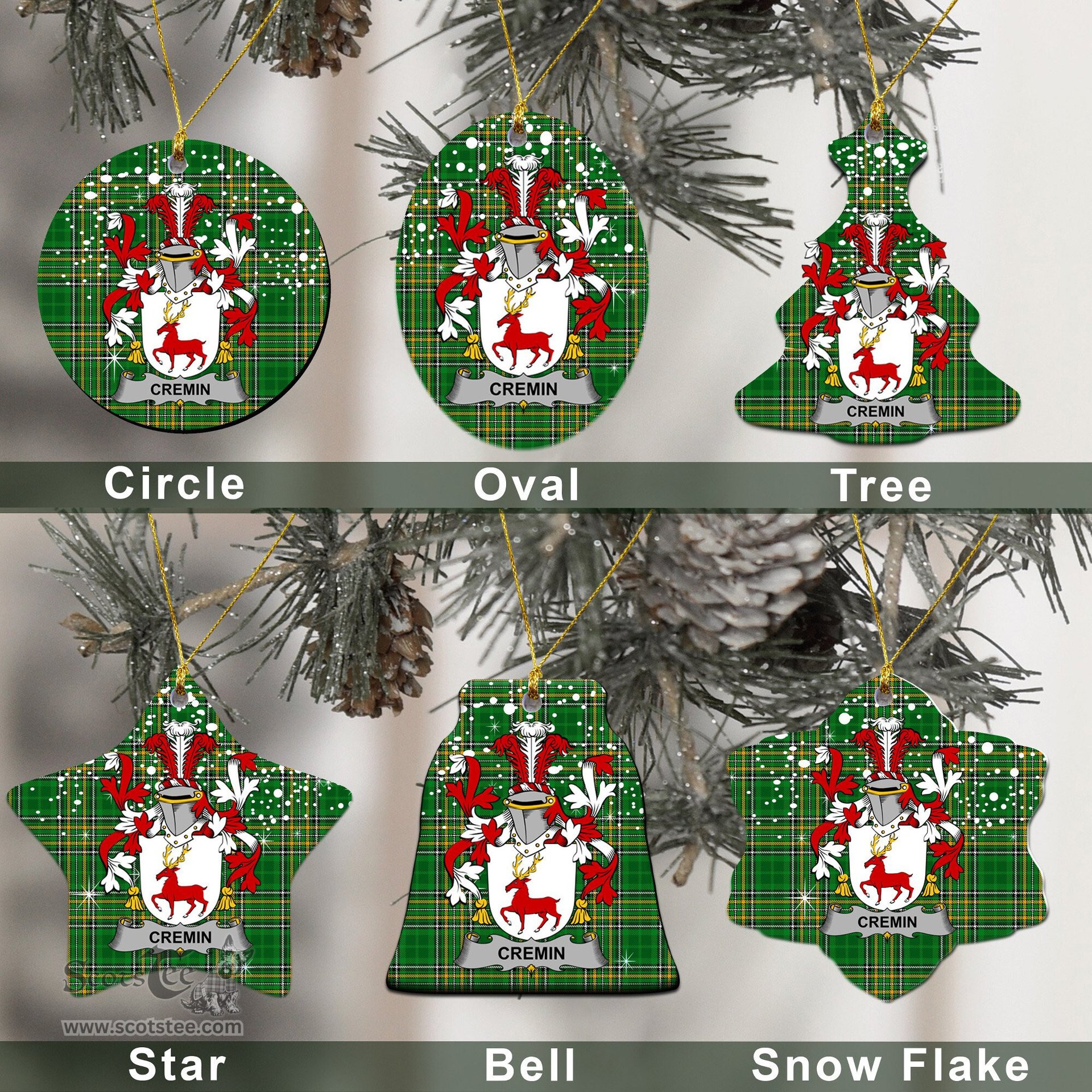 Irish Cremin or O'Cremin Family Crest Ireland National Tartan Christmas Ornament Shop Now at ScotsTee.com