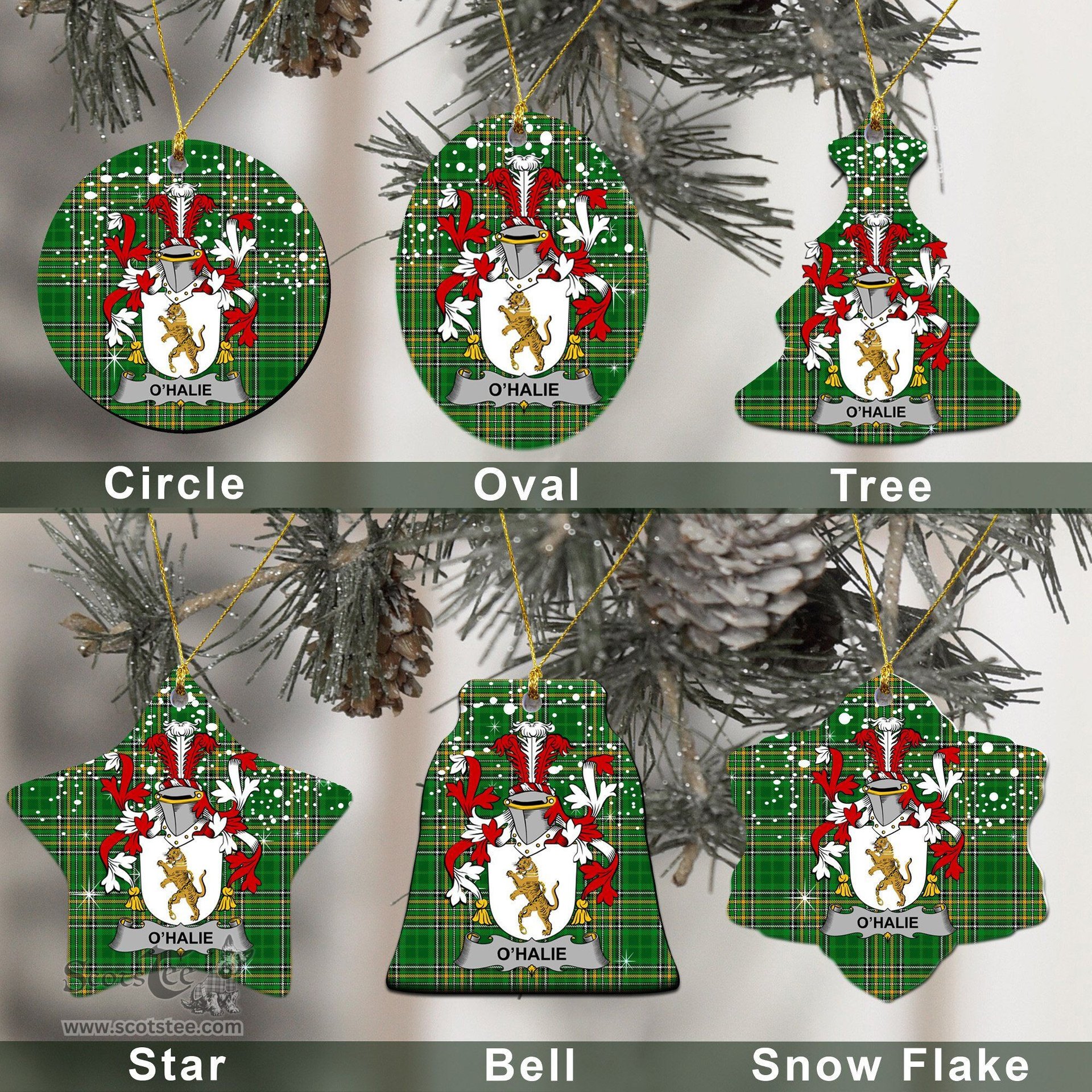 Irish Halie or O'Halie Family Crest Ireland National Tartan Christmas Ornament Shop Now at ScotsTee.com