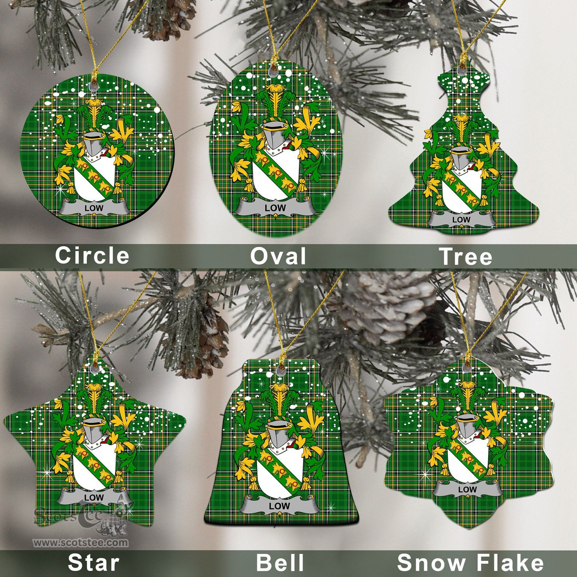 Irish Low Family Crest Ireland National Tartan Christmas Ornament Shop Now at ScotsTee.com