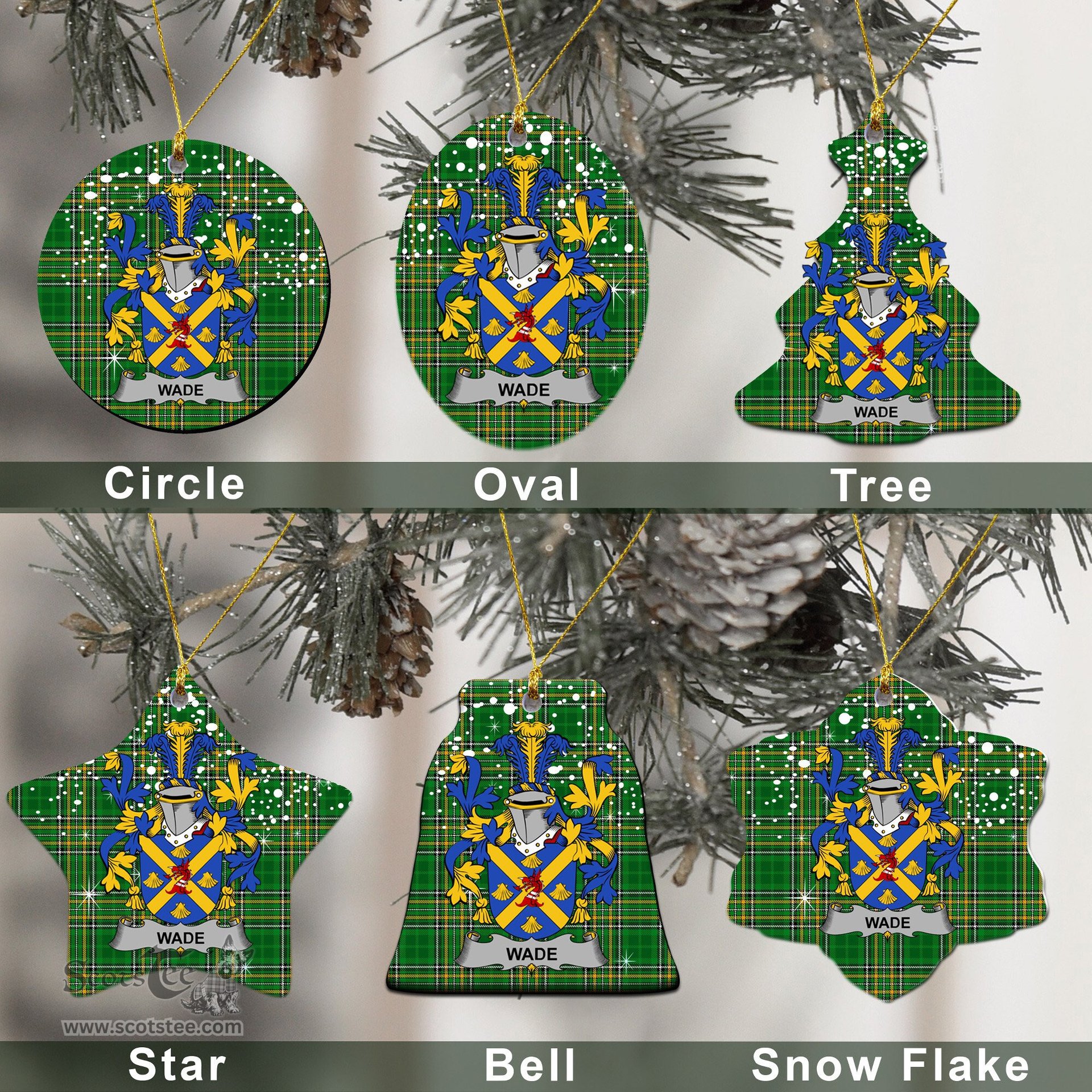 Irish Wade Family Crest Ireland National Tartan Christmas Ornament Shop Now at ScotsTee.com