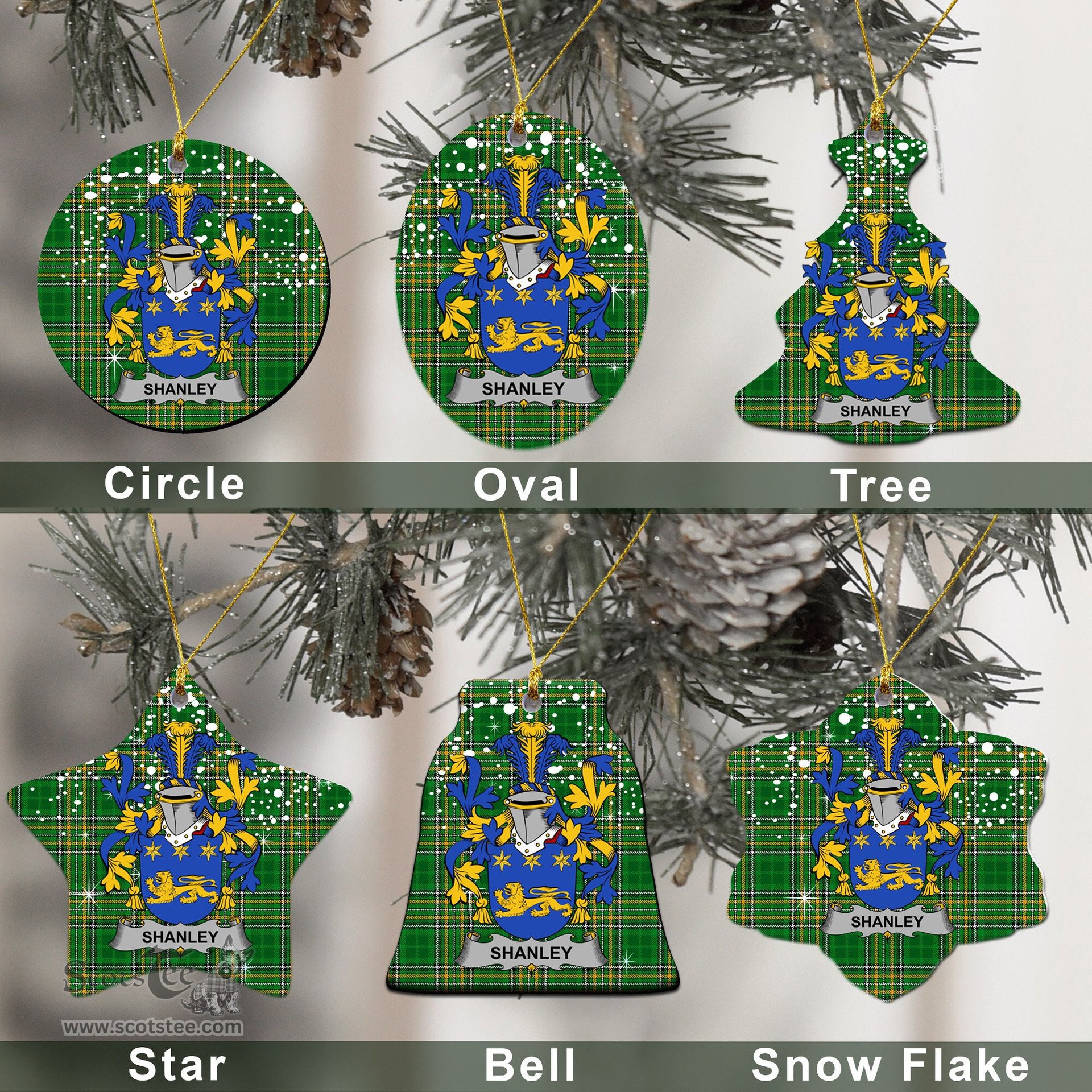 Irish Shanley or McShanly Family Crest Ireland National Tartan Christmas Ornament Shop Now at ScotsTee.com