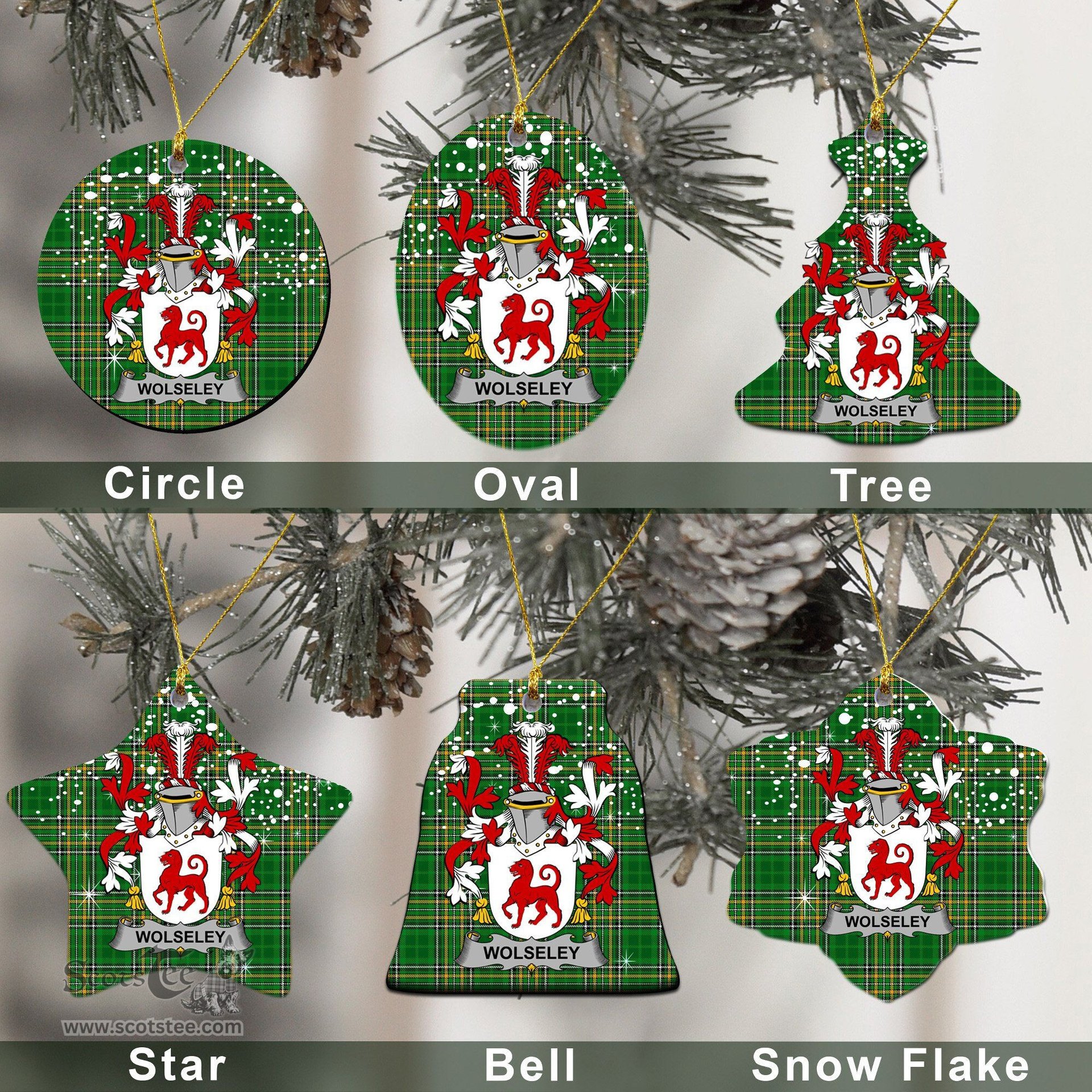 Irish Wolseley Family Crest Ireland National Tartan Christmas Ornament Shop Now at ScotsTee.com