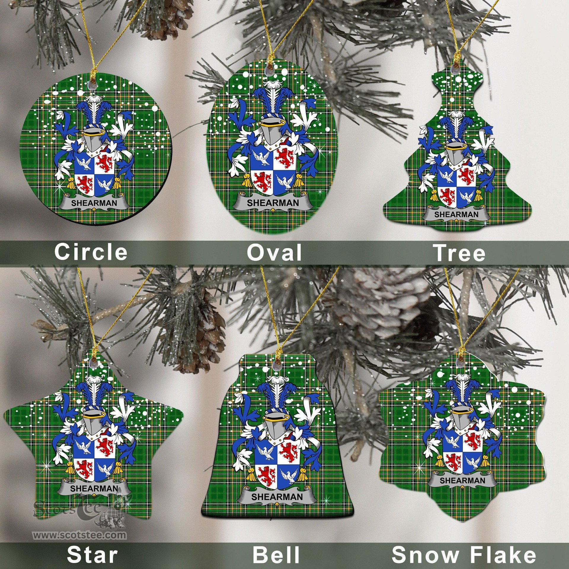 Irish Shearman Family Crest Ireland National Tartan Christmas Ornament Shop Now at ScotsTee.com