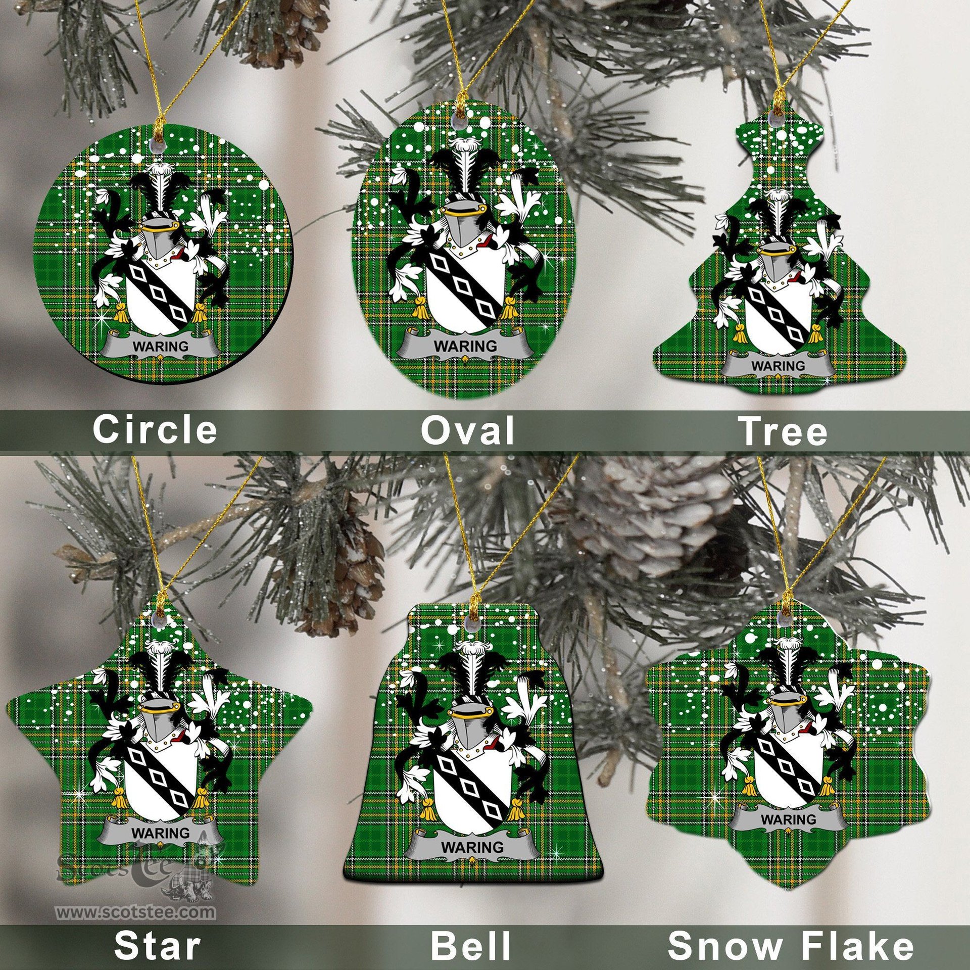 Irish Waring Family Crest Ireland National Tartan Christmas Ornament Shop Now at ScotsTee.com