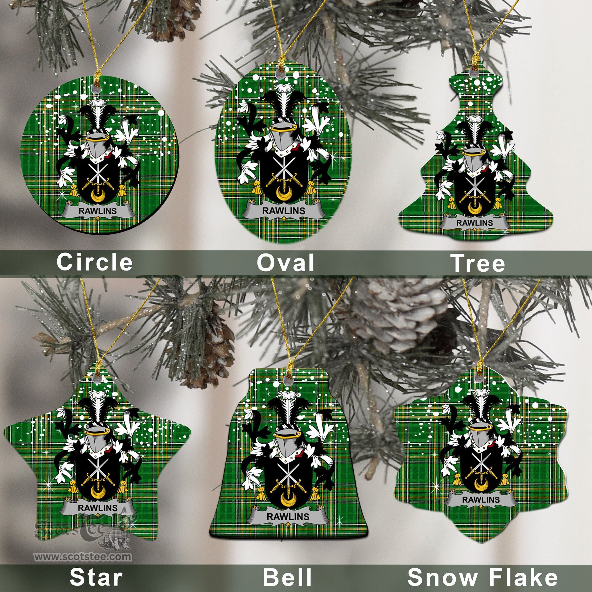 Irish Rawlins Family Crest Ireland National Tartan Christmas Ornament Shop Now at ScotsTee.com