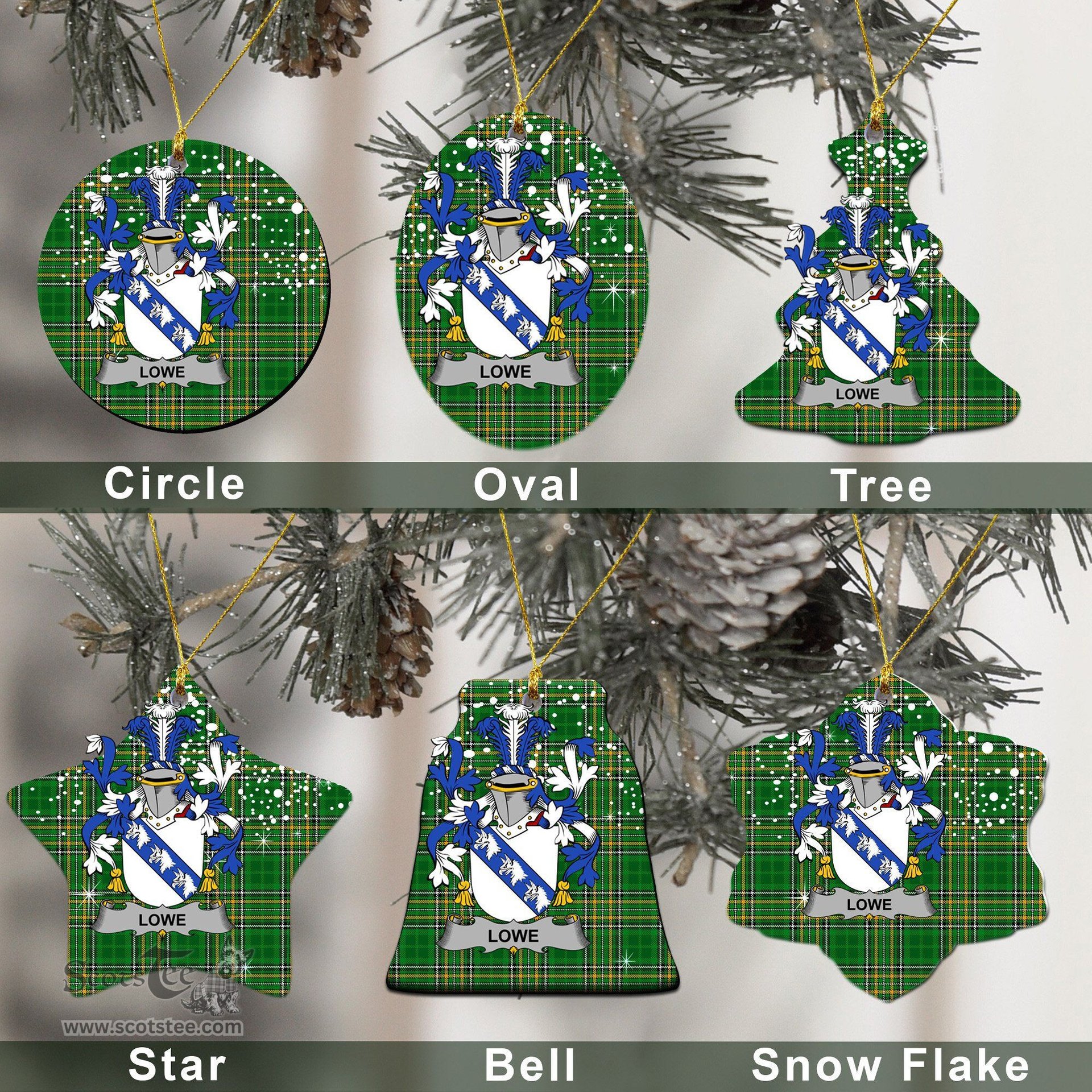 Irish Lowe Family Crest Ireland National Tartan Christmas Ornament Shop Now at ScotsTee.com