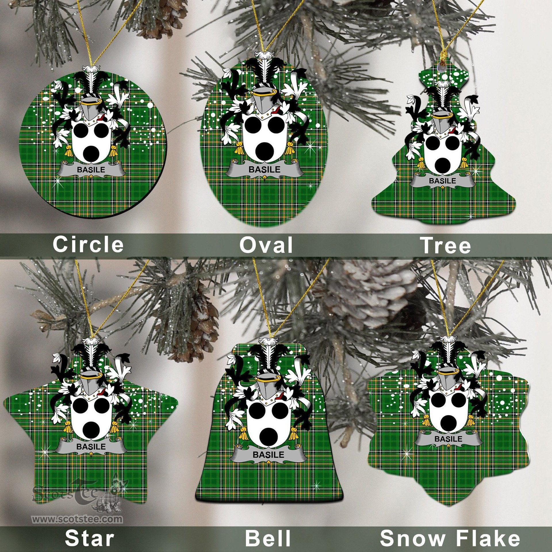 Irish Basile Family Crest Ireland National Tartan Christmas Ornament Shop Now at ScotsTee.com