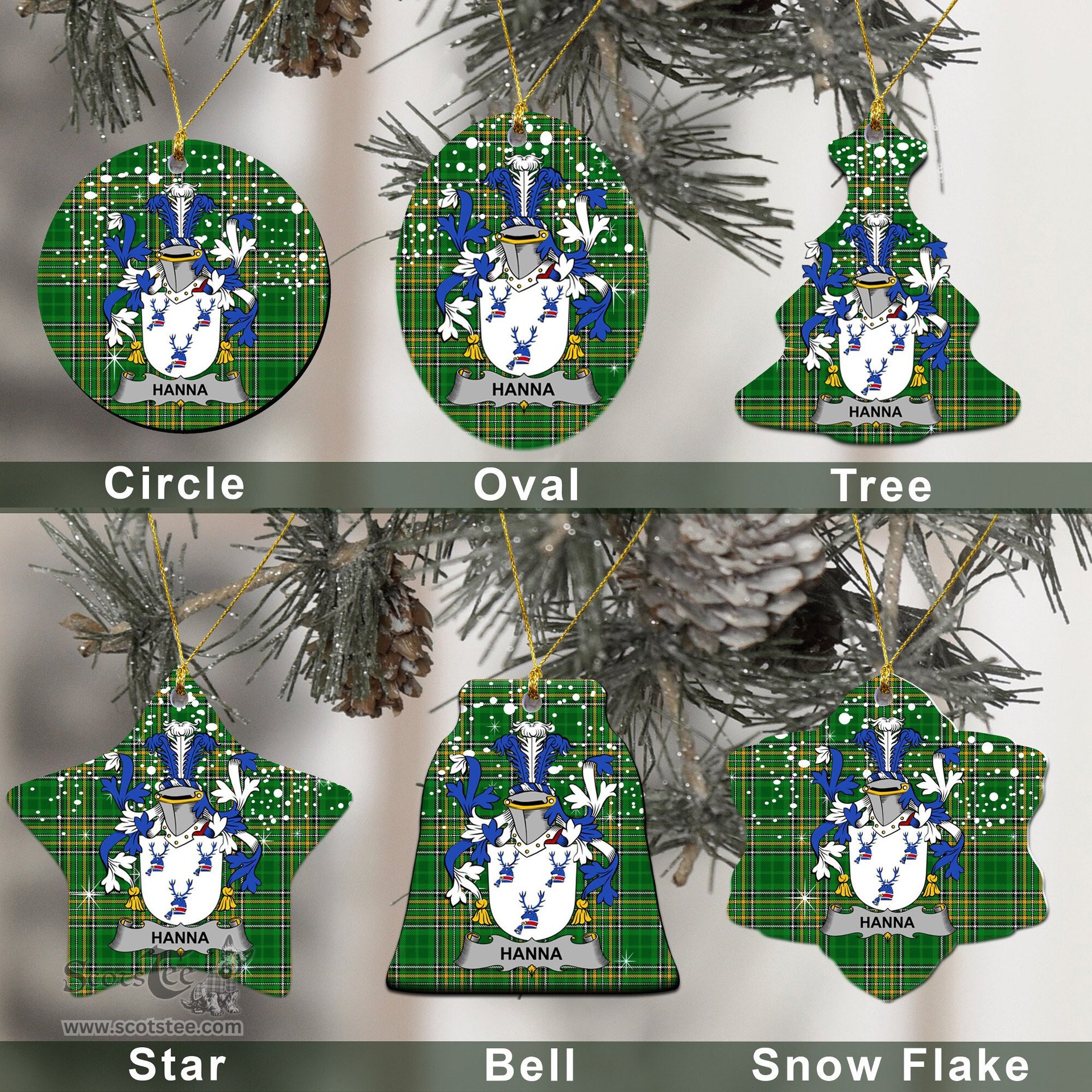 Irish Hanna or O'Hanna Family Crest Ireland National Tartan Christmas Ornament Shop Now at ScotsTee.com