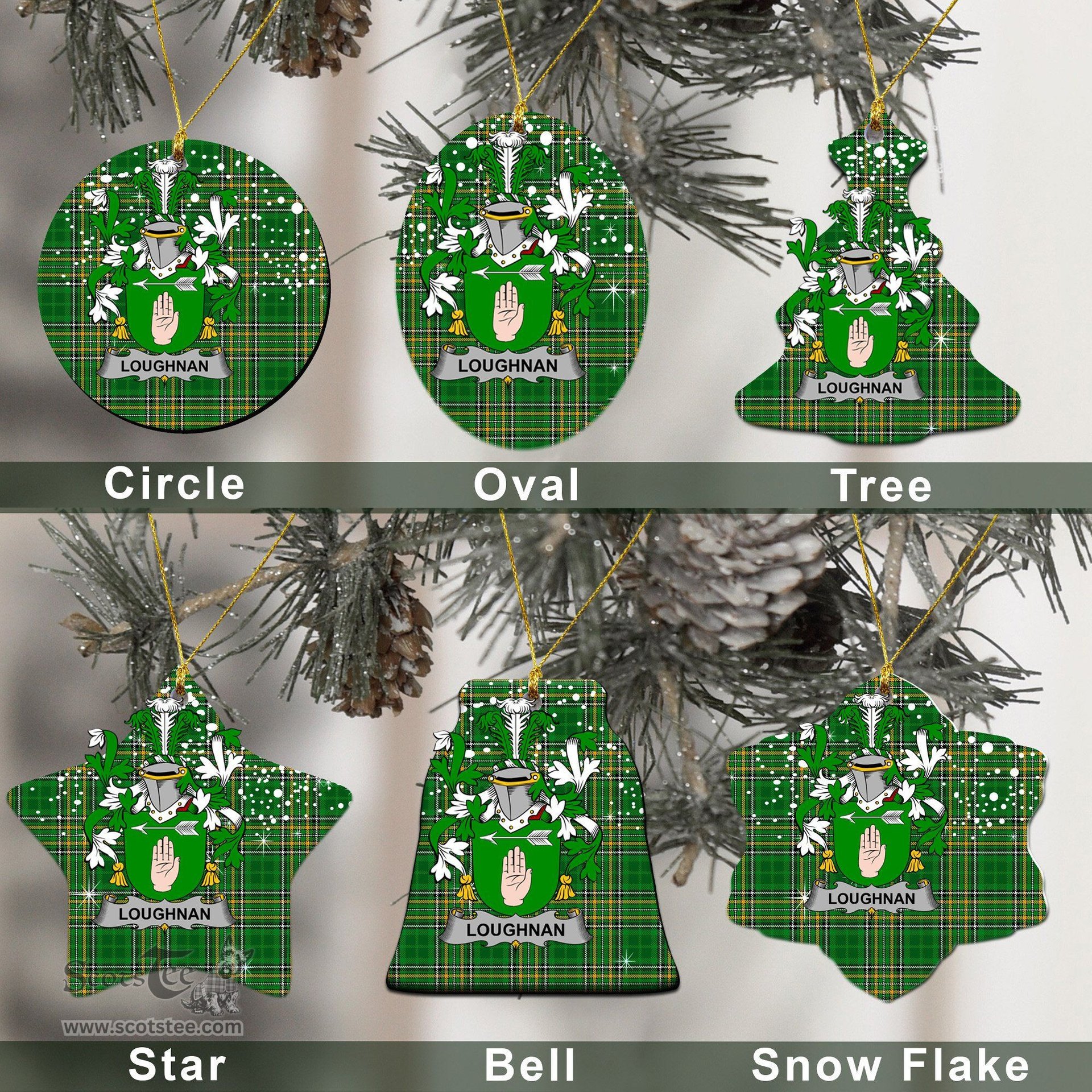 Irish Loughnan or O'Loughnan Family Crest Ireland National Tartan Christmas Ornament Shop Now at ScotsTee.com
