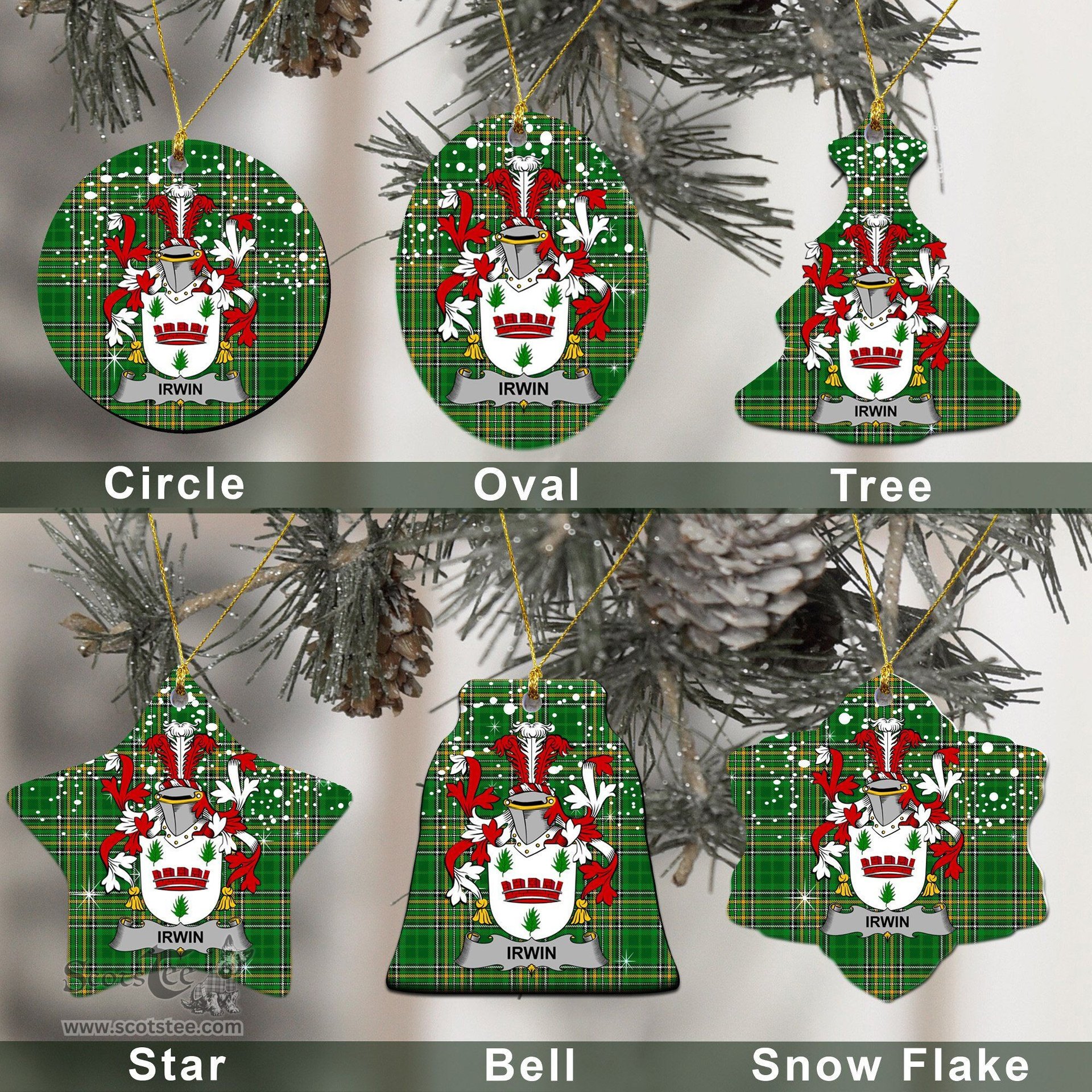 Irish Irwin Family Crest Ireland National Tartan Christmas Ornament Shop Now at ScotsTee.com