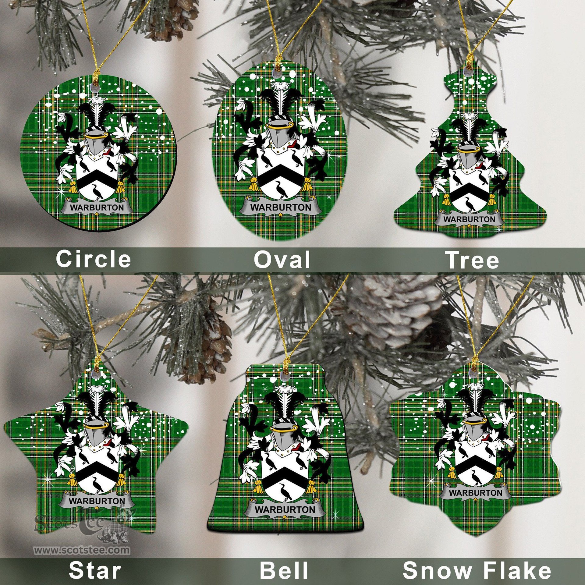 Irish Warburton Family Crest Ireland National Tartan Christmas Ornament Shop Now at ScotsTee.com