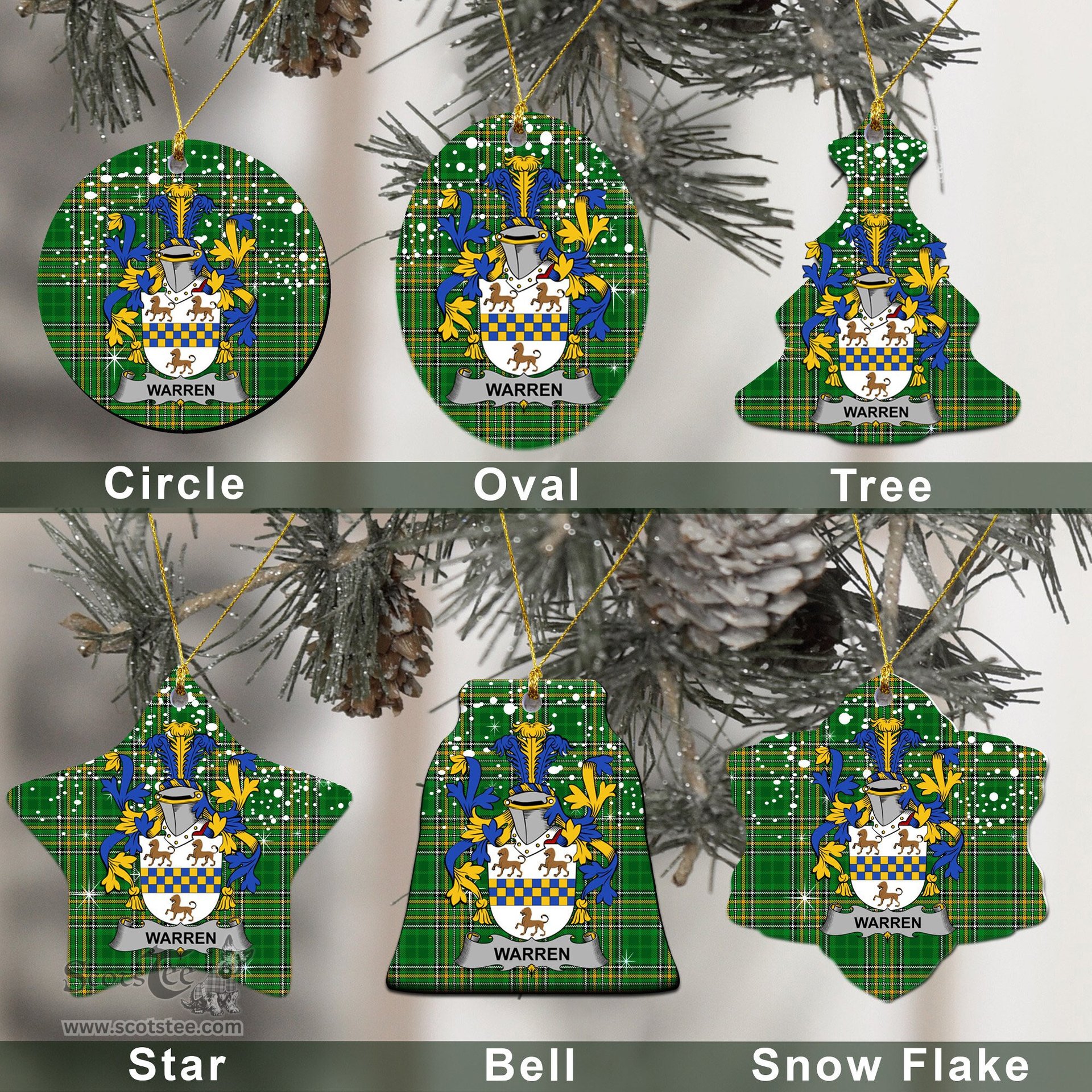Irish Warren Family Crest Ireland National Tartan Christmas Ornament Shop Now at ScotsTee.com