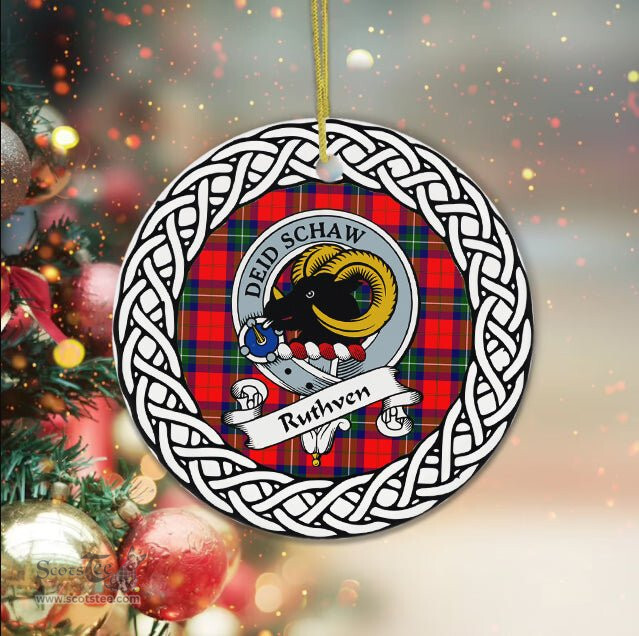 Ruthven Scottish Clan Crest and Celtic Tartan Ceramic Ornament Plaid Christmas Ornament Gifts