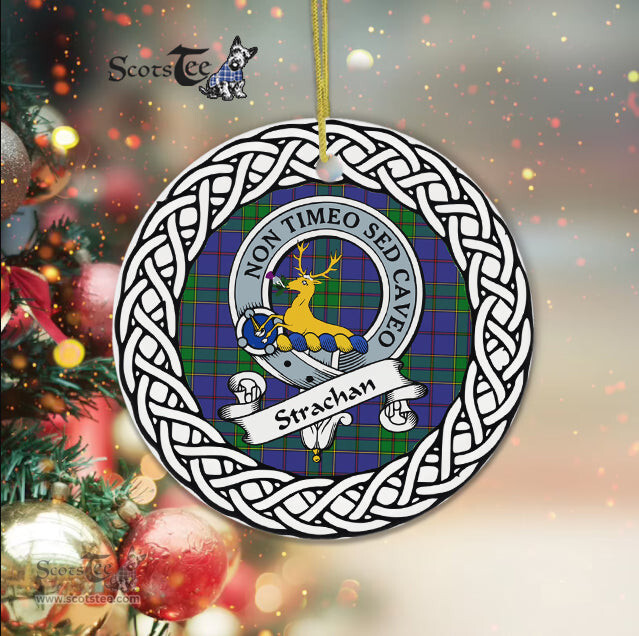 Strachan Scottish Clan Crest and Celtic Tartan Ceramic Ornament Plaid Christmas Ornament Gifts