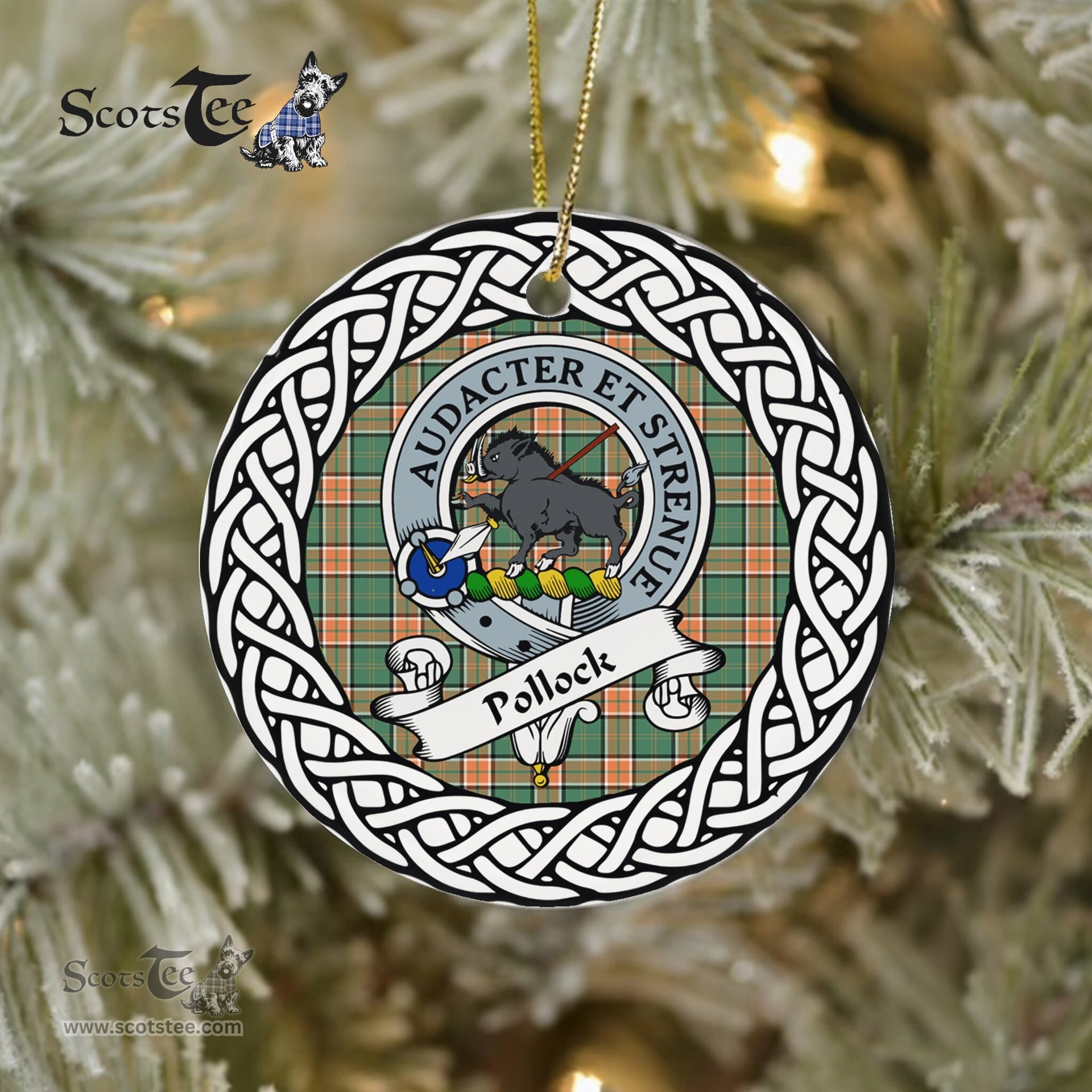 Pollock Scottish Clan Crest and Celtic Tartan Ceramic Ornament Plaid Christmas Ornament Gifts