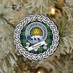 Purves Scottish Clan Crest and Celtic Tartan Ceramic Ornament Plaid Christmas Ornament Gifts