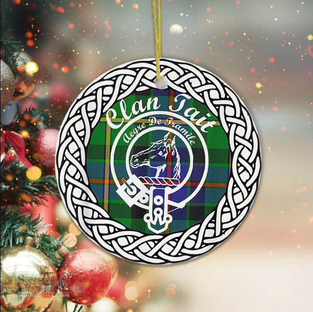 Tait Scottish Clan Crest and Celtic Tartan Ceramic Ornament Plaid Christmas Ornament Gifts