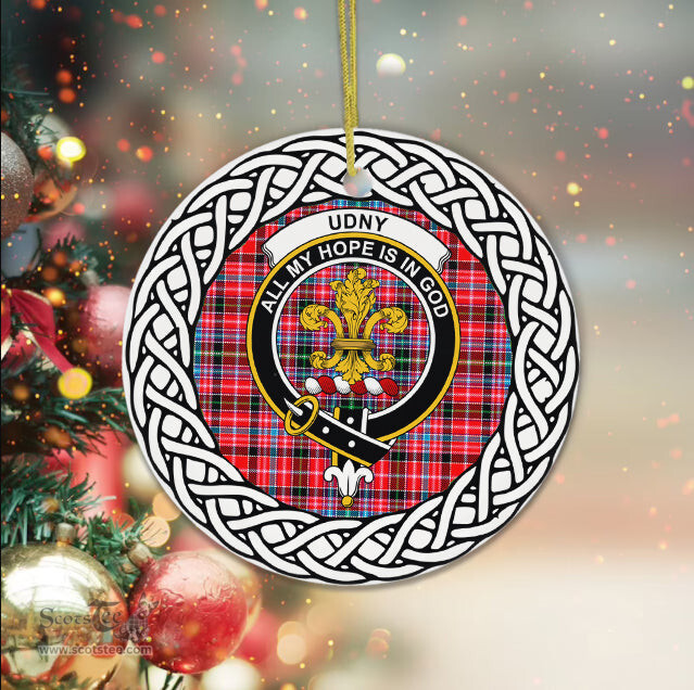 Udny Scottish Clan Crest and Celtic Tartan Ceramic Ornament Plaid Christmas Ornament Gifts