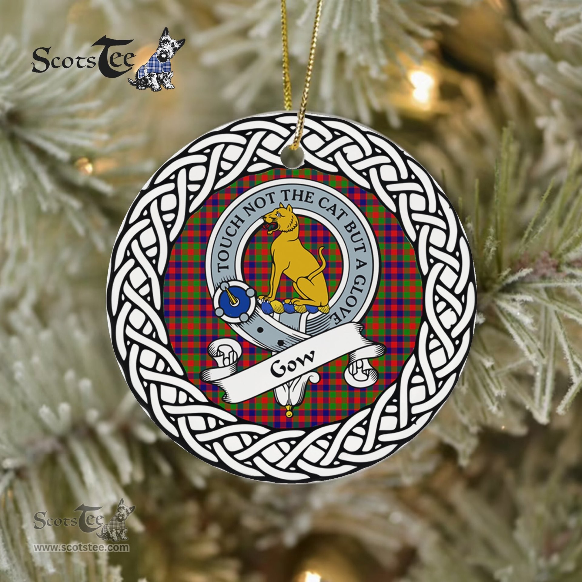 Gow Scottish Clan Crest and Celtic Tartan Ceramic Ornament Plaid Christmas Ornament Gifts