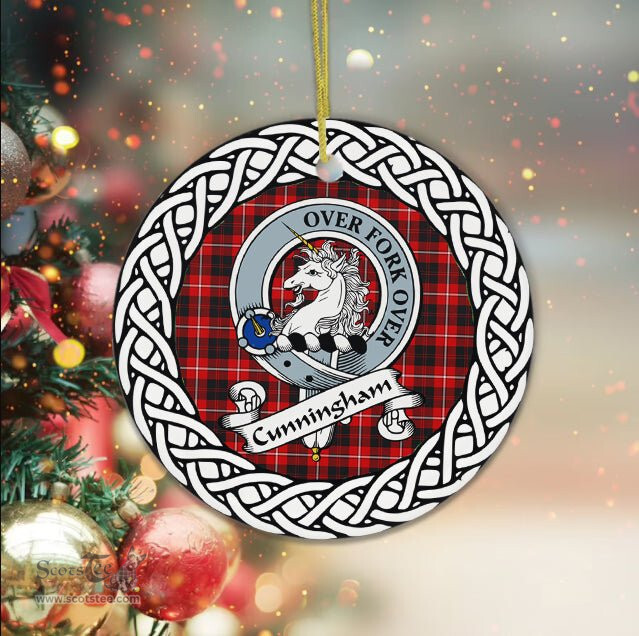 Cunningham Tartan Ceramic Ornament Cunningham Scottish Clan Crest Badge and Celtic Christmas Ornament Gifts