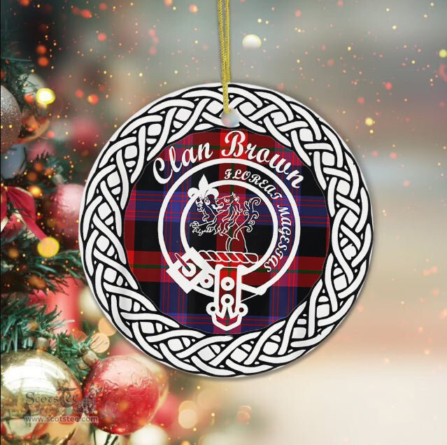 Brown Tartan Ceramic Ornament Brodie Scottish Clan Crest Badge and Celtic Christmas Ornament Gifts