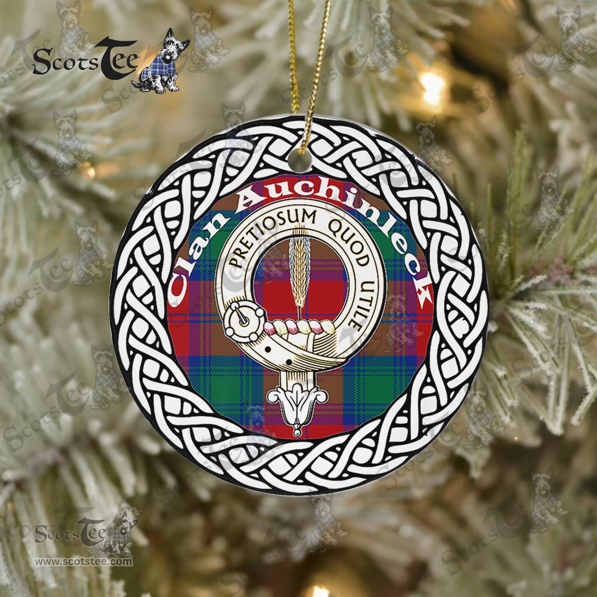 Auchinleck Tartan Ceramic Ornament Auchinleck Scottish Clan Crest Badge and Celtic Christmas Ornament Gifts
