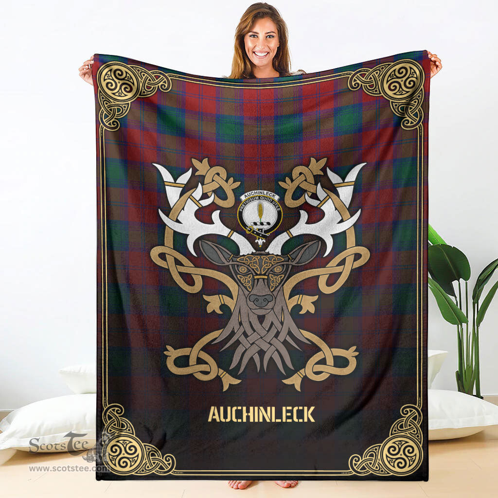 Scottish Auchinleck Tartan Crest With Celtic Stag Premium Blanket - Tartan Plaid Blankets Scottish Plaid Tartan Plaid - ScotsTee - scotstee.com